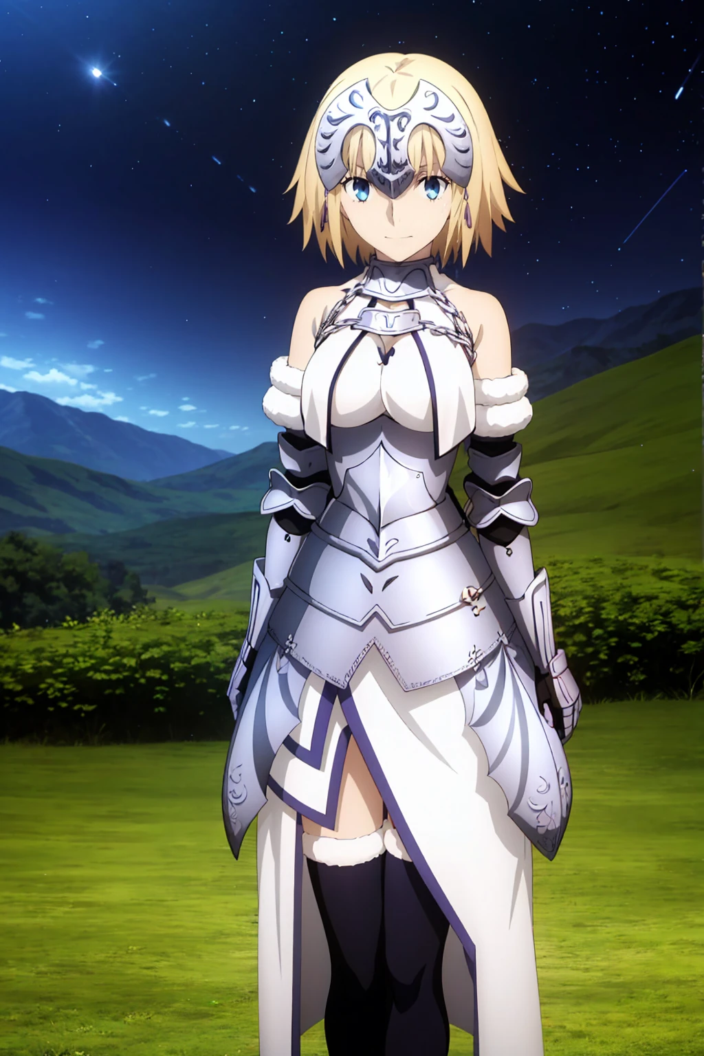  One Girl , Jeanne d'Arc （Fate）, Ufotable Style ,BBJD , long hair on her face, headpiece,Shoulder,armor,armor付きドレス, white dress, fur trim , gauntlet with fan, Black Knee Socks,grassland, smiles gently,night,Meteor Shower, Viewer Target