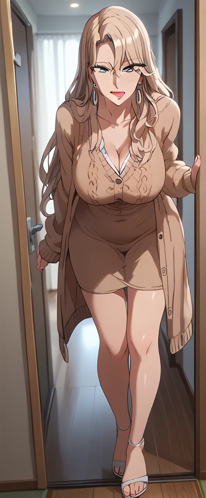 ReikaKurashiki, 
best quality, masterpiece, ultra-detailed, high quality, highres, 1girl, mature female, blonde hair, side long hair, blue eyes, earrings, beautiful, beautiful and perfect face, smile, open mouth, looking at viewer, (tight grey dongtan style dress, cardigan), large breasts, navel, large ass, curvy body, POV, close shot, from the front, full body, feet, standing, leaning forward, in home, open the door