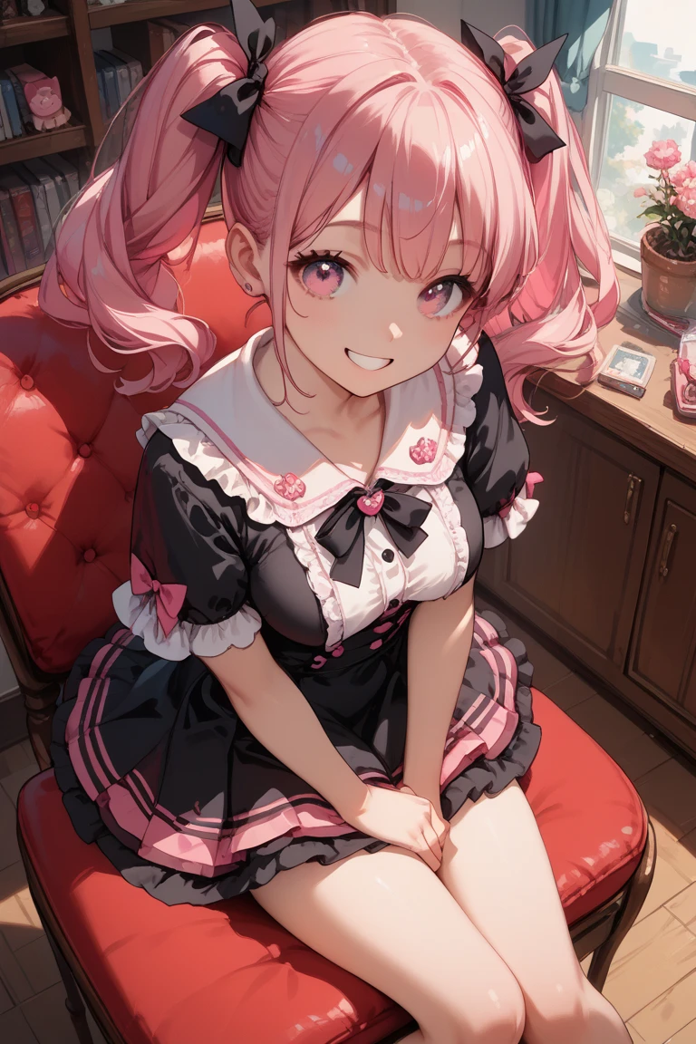 score_9, score_8_up, score_7_up,source_anime,anatomically correct, 1 cute girl, pink hair, twintail, black ribbon, medium breasts, black onepiece,mini skirt, pink eyes、Sit in a chair.from above.happy smile