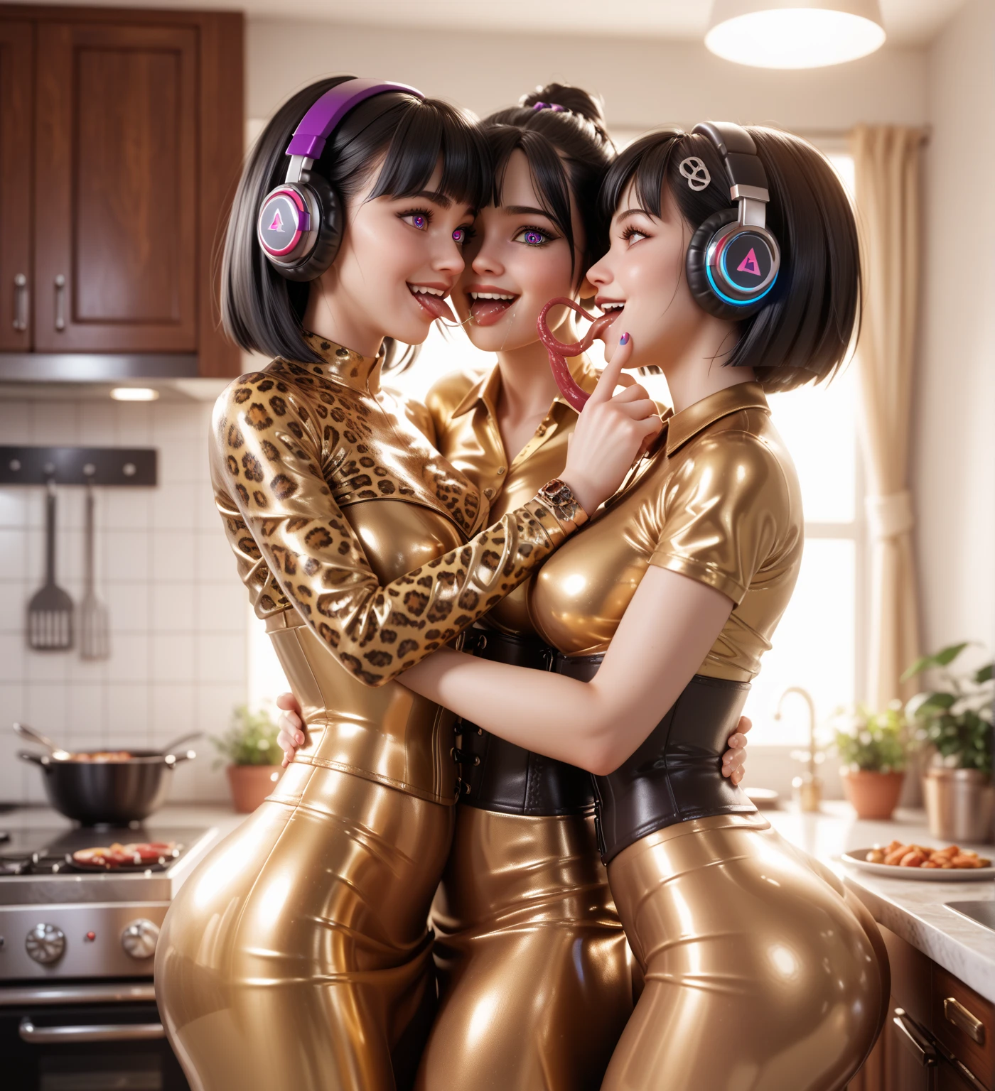 Mother and  daughter in extremely tight shiny golden latex polo shirt with long tight skirt, corset,  pot-cut black hair  , saliva, salivafluss, Spiral eyes, salivaspur, Lens reflection,   reflective light  ,   high resolution ,   masterpiece,  Are in the apartment and in the kitchen and cooking, Leopard print, smile, headphones, Many tentacles,  looking at the viewer , kiss, detain 