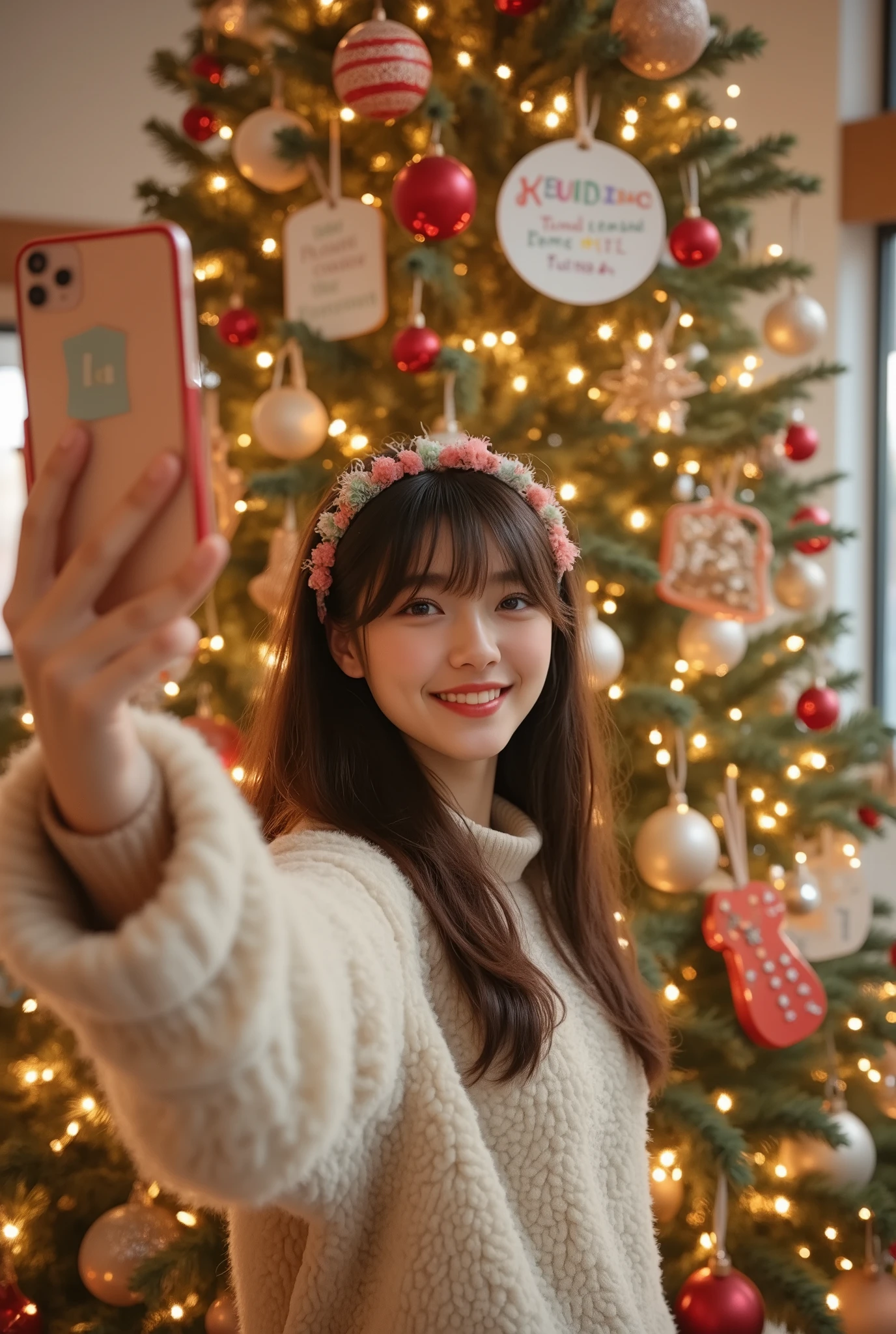 festive Christmas scene featuring a large, brightly lit Christmas tree decorated with ornaments and lights. A whiteboard with handwritten say "Merry Christmas!" on the tree. 

The girl appearance remains true to the original, including her fluffy off-white sweater, her decorative headband, and her hairstyle. She is holding the smartphone up at an angle, her arms slightly bent for the perfect selfie position. Her expression is cheerful and relaxed, with her gaze focused on the phone’s screen. The whiteboard on the tree displays festive holiday messages written in colorful markers, adding a unique, whimsical detail.

Background\(The Christmas tree dominates the background, with its radiant lights casting a warm glow. The indoor setting emphasizes the tree's grand size, with the festive lights reflecting off the surrounding area. There are no visible crowds, creating a clean and focused atmosphere. The environment is cozy, festive, and uncluttered, emphasizing the subject and the details of the whiteboard on the tree\)
