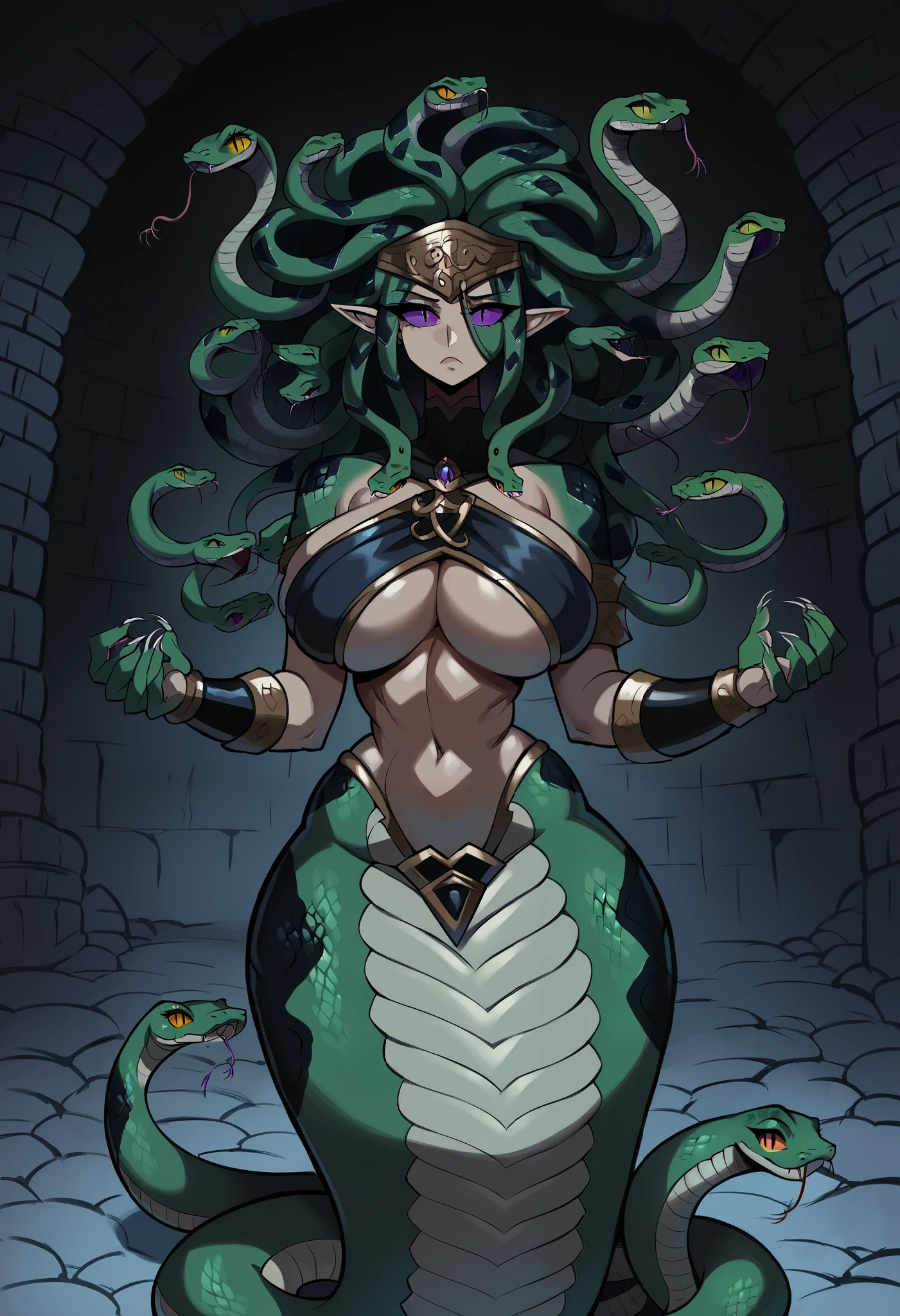 1girl, female gorgon, Stheno, female with dark black hair, female with snake hair, female with purple eyes and purple sclera, slit pupils, female lamia, black scales, dark scales, thick thighs, huge butt, solo, huge breast, dungeon, long tail, scales on face, beautiful woman, By sssonic2, kilinah, lonbluewolf, scales on body, bare shoulders, bare arms, black bracers, slim body, skinny body, slender, tall female, half snake, purple eyeliners, dark green scales, black snake hair wide hips, scales on back, black red jewled headpiece, sharp claws, huge claws, black scale claws, scales above waist, scales on back, thick hips, wider hips, huge ass, (snake body:1.7), light green skin, tall female, underboob cutout, black gilded armor, navel, bare arms, bare shoulders, dungeon, indoors, standing, pointy ears, crotchless