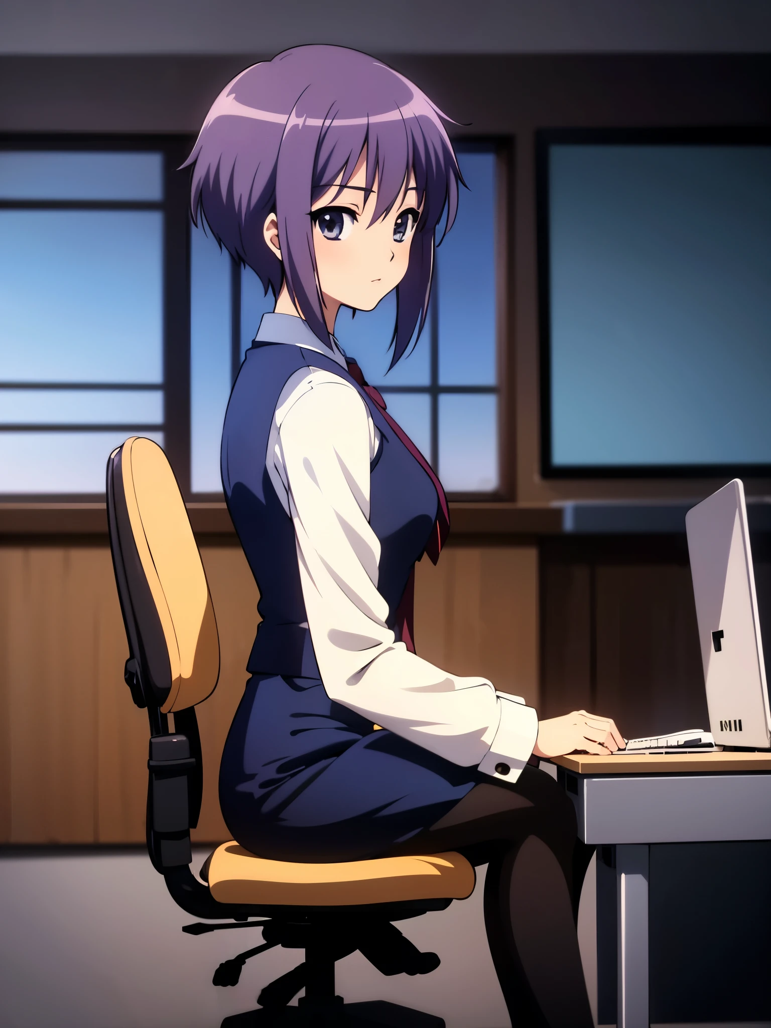 anime style, best quality, 8k, high res, masterpiece, detailed face, indoor, inside office, from side, wearing dark navy blue office lady suit, black pumps, black pantyhose, expressionless, sitting office chair, looking a PC screen,