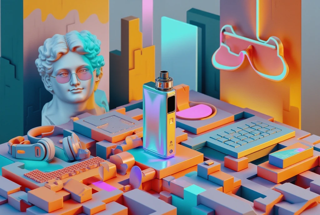 A modern cubist-inspired painting in a vibrant and dynamic style. At the center of the composition, a sleek vape rests prominently on a fragmented tabletop, its metallic finish reflecting soft light. To the left, a stylized figure of an influencer, dressed in contemporary fashion with oversized sunglasses and holding a smartphone, replaces the classic statue. On the right, modern instruments such as a pair of glossy headphones, a compact synthesizer, and a digital tablet are scattered across the table in a harmonious arrangement of geometric shapes. 

The table itself features intricate cubist patterns, blending sharp angles with bold, intersecting lines. The background is a patchwork of muted and bright tones, including abstract shapes representing skyscrapers, neon lights, and digital screens, evoking a modern, urban vibe. Textures are layered with subtle brushstrokes and sharp edges, adding depth and contrast to the scene. The entire image is rendered in UHD, with a rich palette of blues, yellows, and metallic grays, enhanced by glowing artistic effects to create a fresh, contemporary reinterpretation of a classic still life.