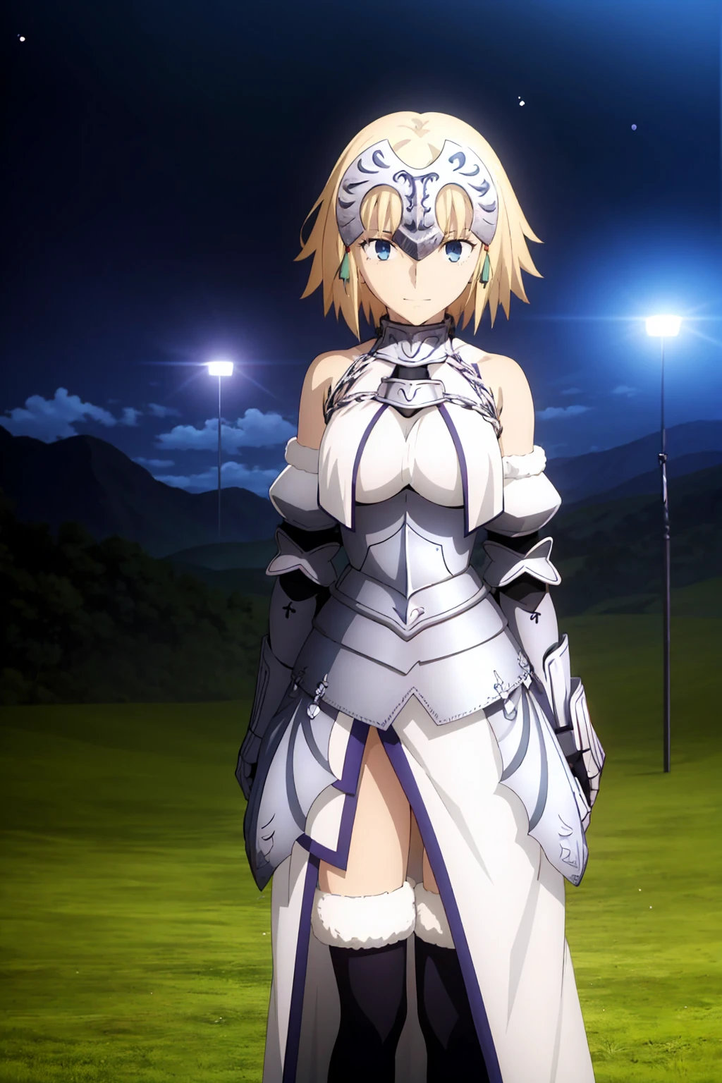  One Girl , Jeanne d'Arc （Fate）, Ufotable Style ,BBJD , long hair on her face, headpiece,Shoulder,armor,armor付きドレス, white dress, fur trim , gauntlet with fan, Black Knee Socks,grassland, smiles gently,night,Meteor Shower, Viewer Target, at the shore