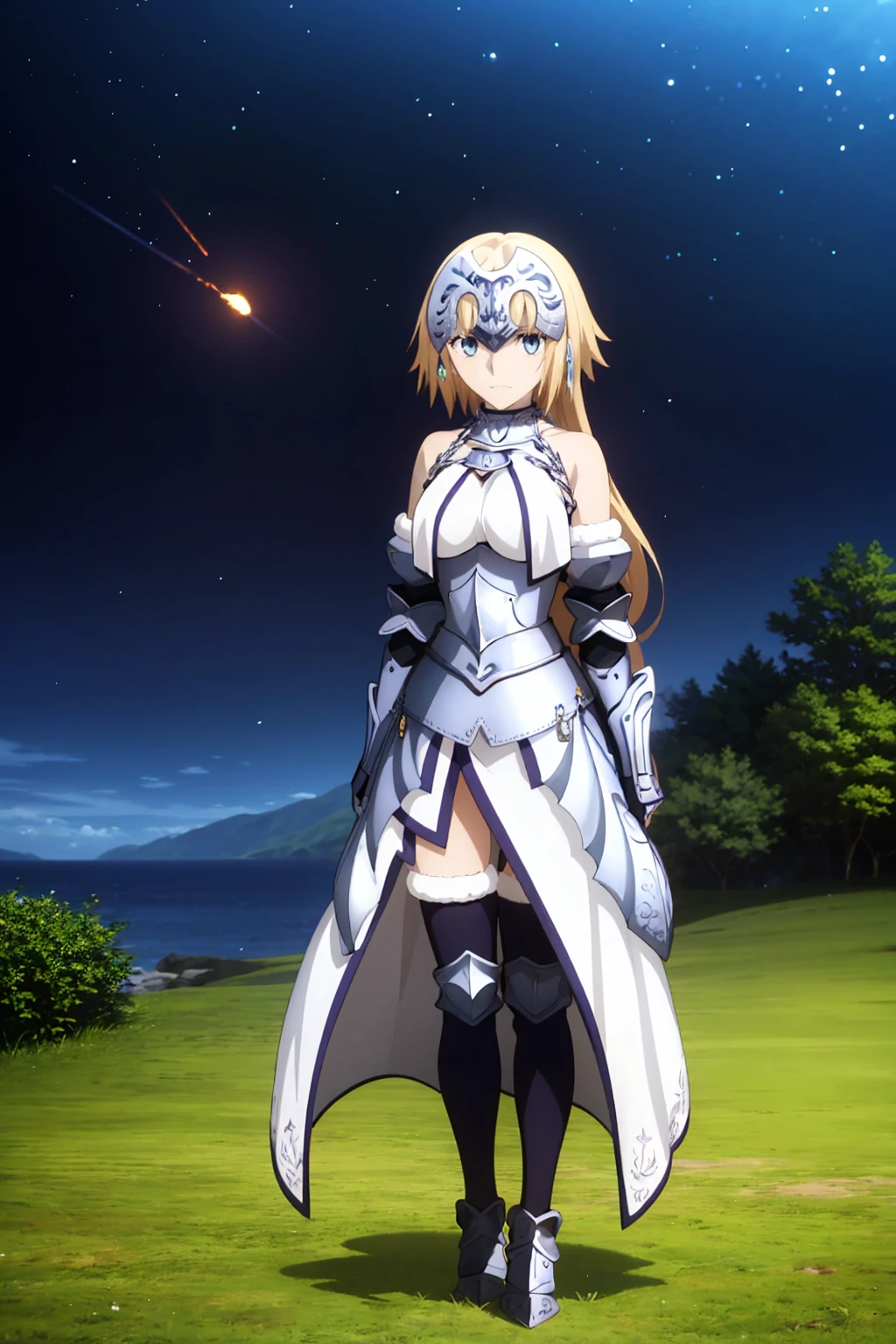  One Girl , Jeanne d'Arc （Fate）, Ufotable Style ,BBJD , long hair on her face, headpiece,Shoulder,armor,armor付きドレス, white dress, fur trim , gauntlet with fan, Black Knee Socks,grassland, smiles gently,night,Meteor Shower, Viewer Target, at the shore