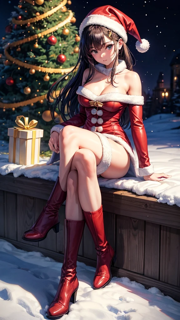sksbrooke person, sksbrooke, (masterpiece:1.2), (best quality:1.2), perfect eyes, perfect face, 1girl, solo, brown eyes, (medium breasts), perky breasts, seductive look, santa outfit with santa hat and thigh high red boots, nighttime snow village with christmas tree lit in the background, standing, sitting in santa chair, back view, smiling, looking over shoulder