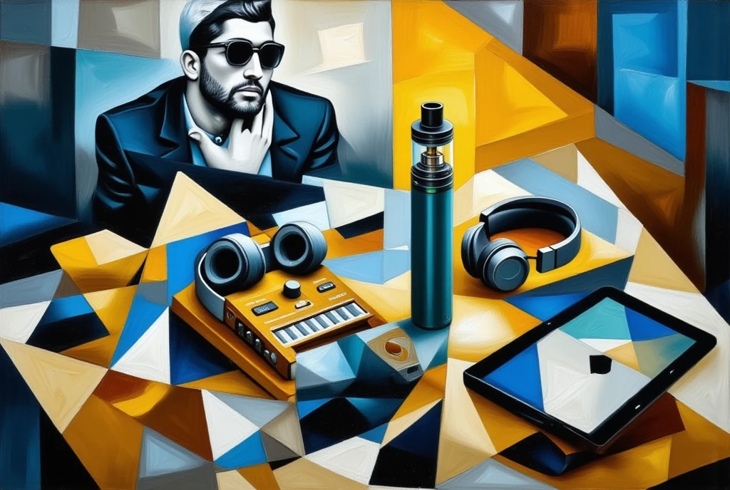 A modern cubist-inspired painting in a vibrant and dynamic style. At the center of the composition, a sleek vape rests prominently on a fragmented tabletop, its metallic finish reflecting soft light. To the left, a stylized figure of an influencer, dressed in contemporary fashion with oversized sunglasses and holding a smartphone, replaces the classic statue. On the right, modern instruments such as a pair of glossy headphones, a compact synthesizer, and a digital tablet are scattered across the table in a harmonious arrangement of geometric shapes. 

The table itself features intricate cubist patterns, blending sharp angles with bold, intersecting lines. The background is a patchwork of muted and bright tones, including abstract shapes representing skyscrapers, neon lights, and digital screens, evoking a modern, urban vibe. Textures are layered with subtle brushstrokes and sharp edges, adding depth and contrast to the scene. The entire image is rendered in UHD, with a rich palette of blues, yellows, and metallic grays, enhanced by glowing artistic effects to create a fresh, contemporary reinterpretation of a classic still life.