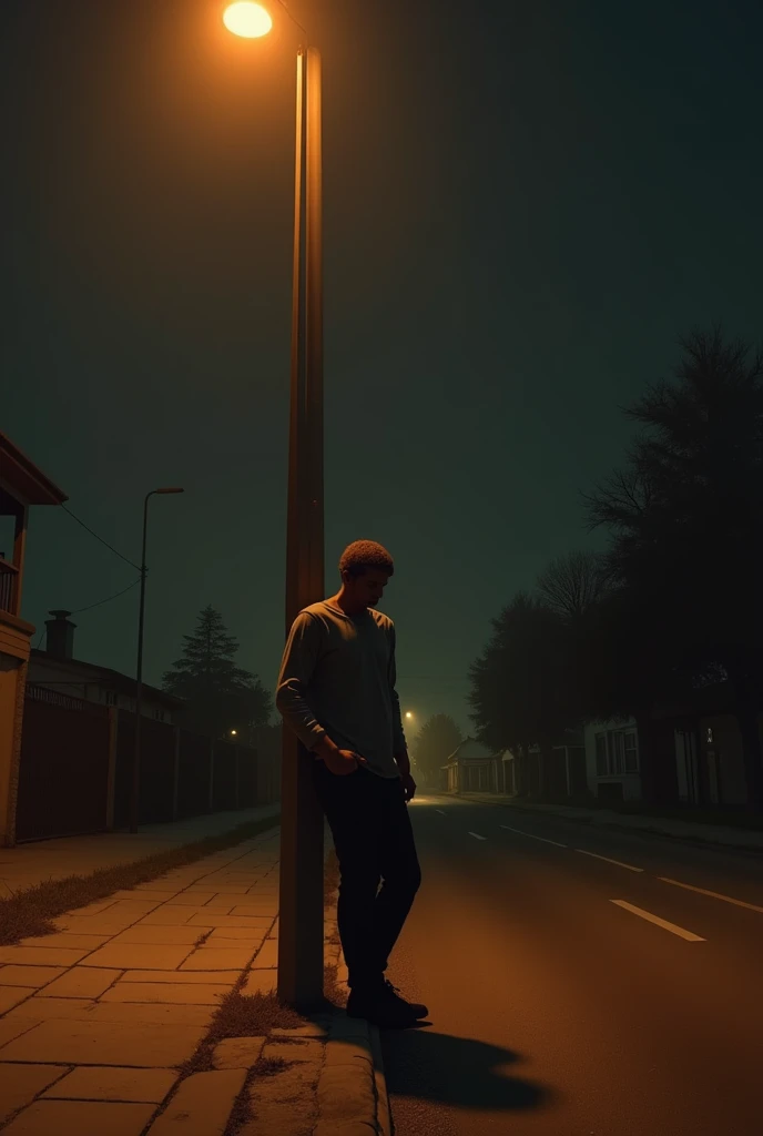 A man leaning against a lamppost on a quiet street at night, his face ...