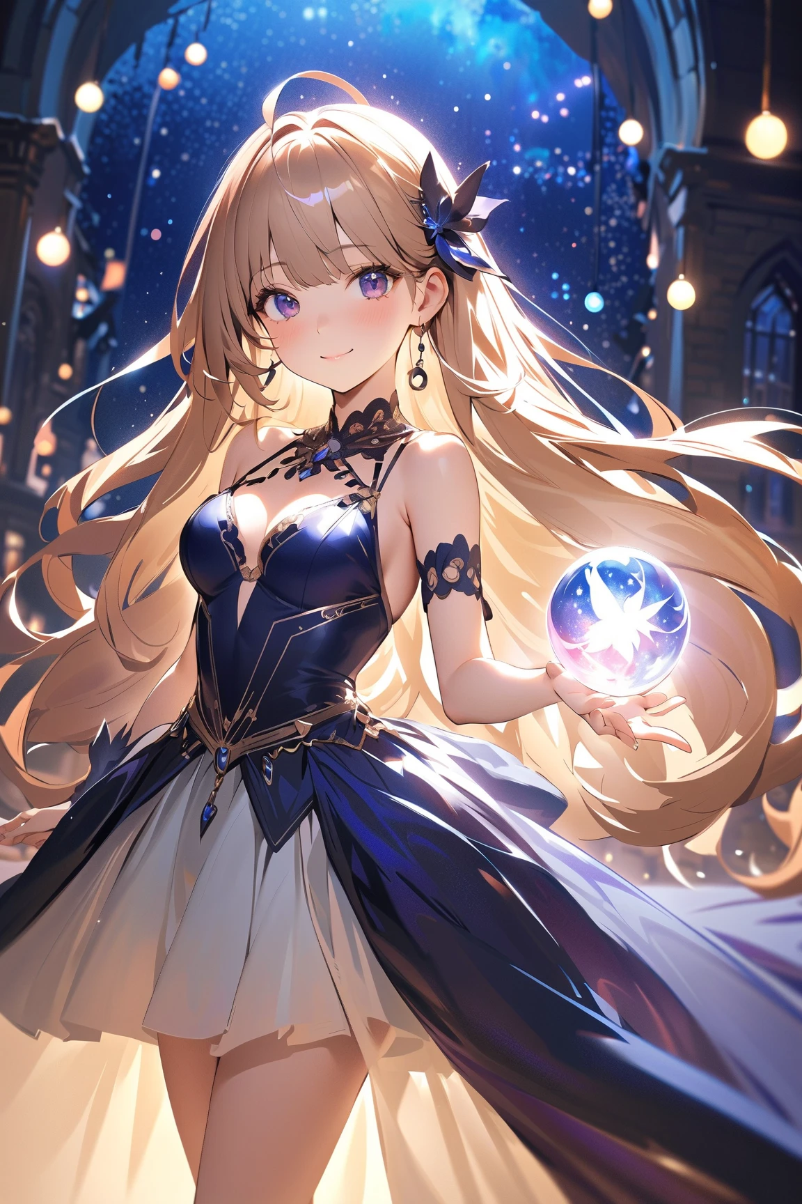 (masterpiece, top quality, best quality, official art, Beautiful and beautiful:1.2), (1 Girl), magician girl, Extremely detailed, (Fractal Art:1.3), rich and colorful, The most detailed, Perfect face, begie hair, blue eyes, big, silm, HDR, (pray:1.3), (random color clothes with golden lines:1.2), galaxy, (Light streaks), Eye-Catching Visuals, (Dynamic Stripes, Luminous trails:1.2), Vibrant colors,
