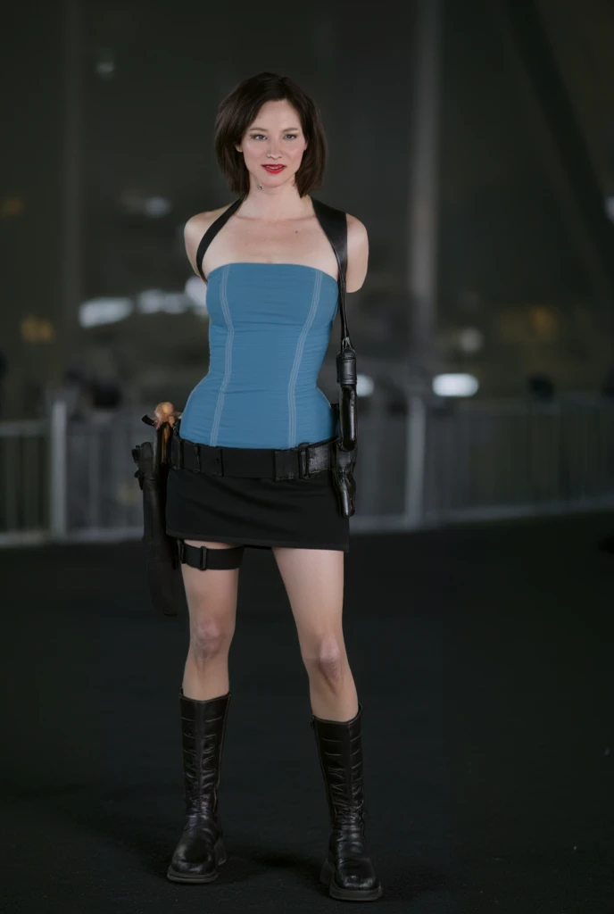 Sienna Guillory as Jill Valentine, black boots, black hair, skirt, blue top, Resident Evil Apocalypse, deep cleavage, big breasts, huge breasts.