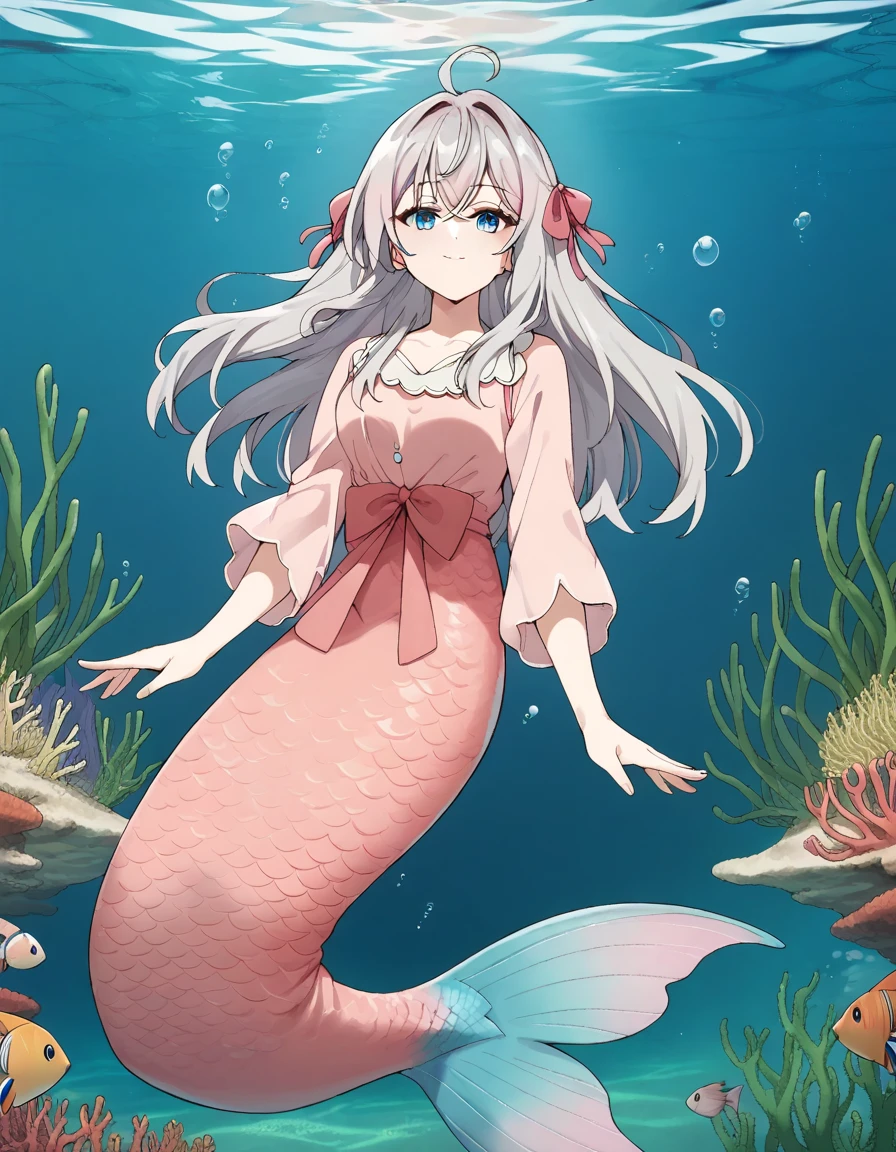 score_9, score_8_up, score_7_up, source_anime, pink mermaid, pink mermaid tail below waistline, scales pink mermaid tail, long pink mermaid tail, 
1girl, solo, looking at viewer, underwater, bubble airs, fish, coral, seaweed, light smile,
alisa mikhailovna kujou, long hair, silver hair, ahoge, crossed bangs, red hair ribbon, sidelocks, blue eyes, mermaid wear dress,
long dress, pink dress, long sleeve dress, crown, pearl crown, futanari penis under dress