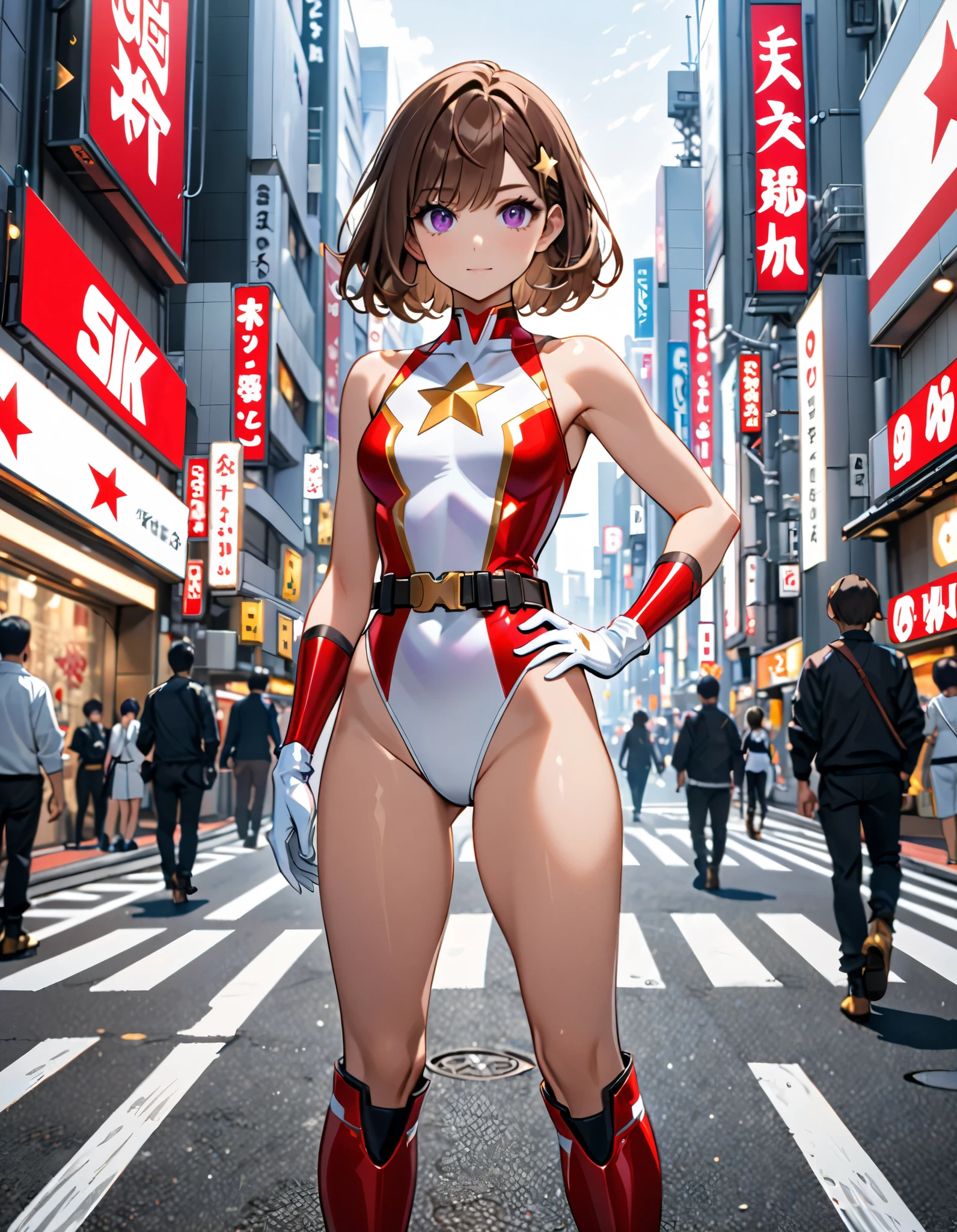 (masterpiece), (best quality), (high res), medium breasts, ((leotard, white and red leotard, matching leotard, sleeveless, bare legs)), ((tight belt, gold belt)), ((boots, matching boots, ankle-high boots, white boots)), ((gloves, white gloves)), city backdrop, tokyo city backdrop, solo, solo focus, standing, (full body), cowboy shot, superhero, ((beautiful detailed eyes)), ((gold star symbol on chest)), (brown hair, medium hair, bob hair, purple eyes), (perfect hands, perfect anatomy), cowboy shot, superhero, ((beautiful detailed eyes)), full body costume design.