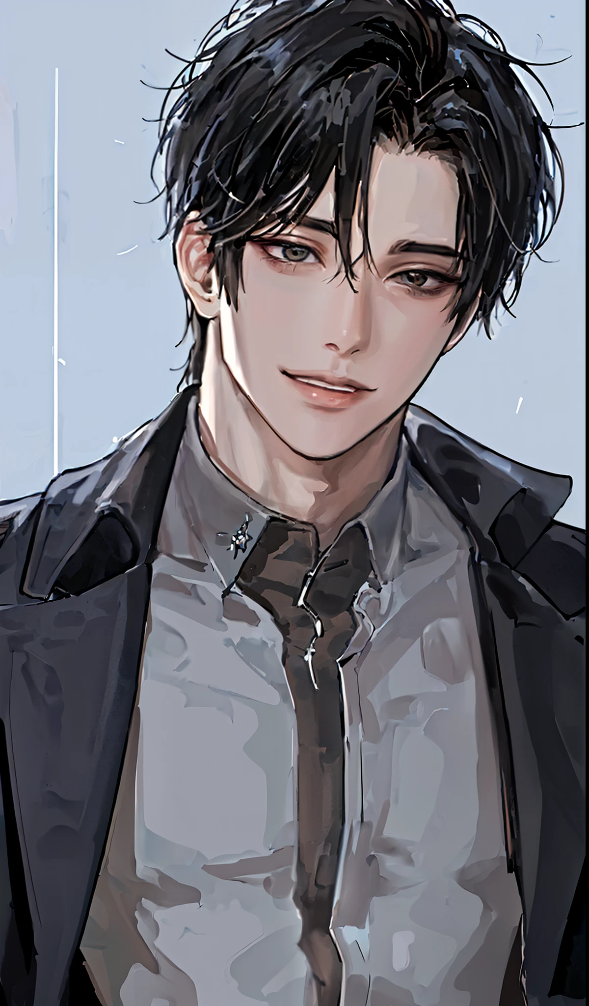 1 man, portrait, Beautiful handsome, alone, smile lips, crooked teeth, male focus, random color, looking at the viewer, short hair, friendly expression, wearing black jacket and white shirt,black hair,