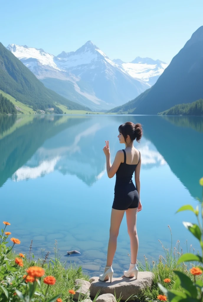  Pretty woman at a crystal-clear mountain lake makes the peace gesture with her hand.  The lettering  "#Only two " Is reflected on the water surface . snow-capped peaks, wildflowers.