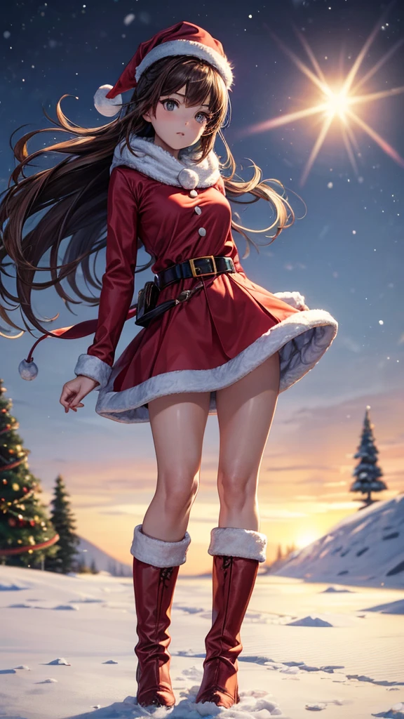 sksbrooke person, sksbrooke, (masterpiece:1.2), (best quality:1.2), perfect eyes, perfect face, 1girl, solo, brown eyes, (medium breasts), perky breasts, seductive look, santa outfit with santa hat and thigh high red boots, nighttime snow village with christmas tree lit in the background, standing, back view, looking over shoulder
