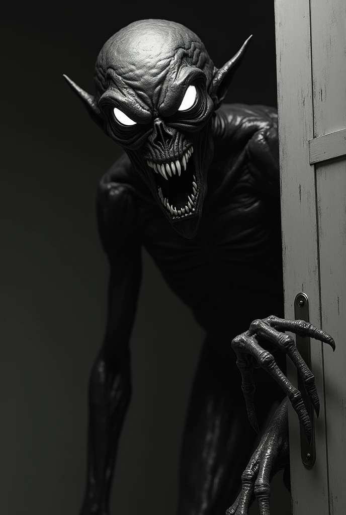 Create a drawing where the character is someone's shadow on the ground of a place (the person does not appear in the image). The shadow has to reflect a monster