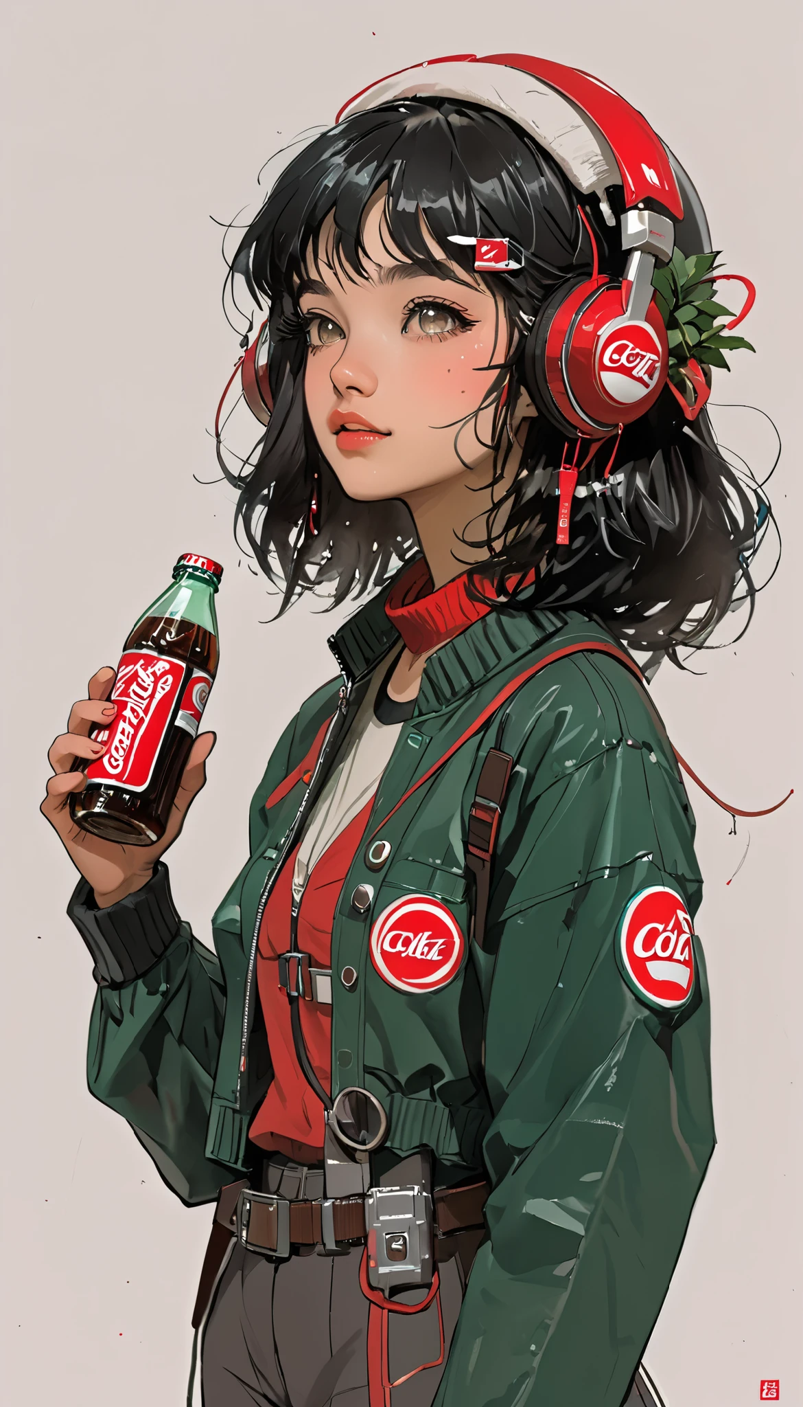 sketch、KAWABI SAI、 girl、 headphones、 looks up、 cyberpunk、 helmet 、 Christmas、Holding a Coca-Cola bottle