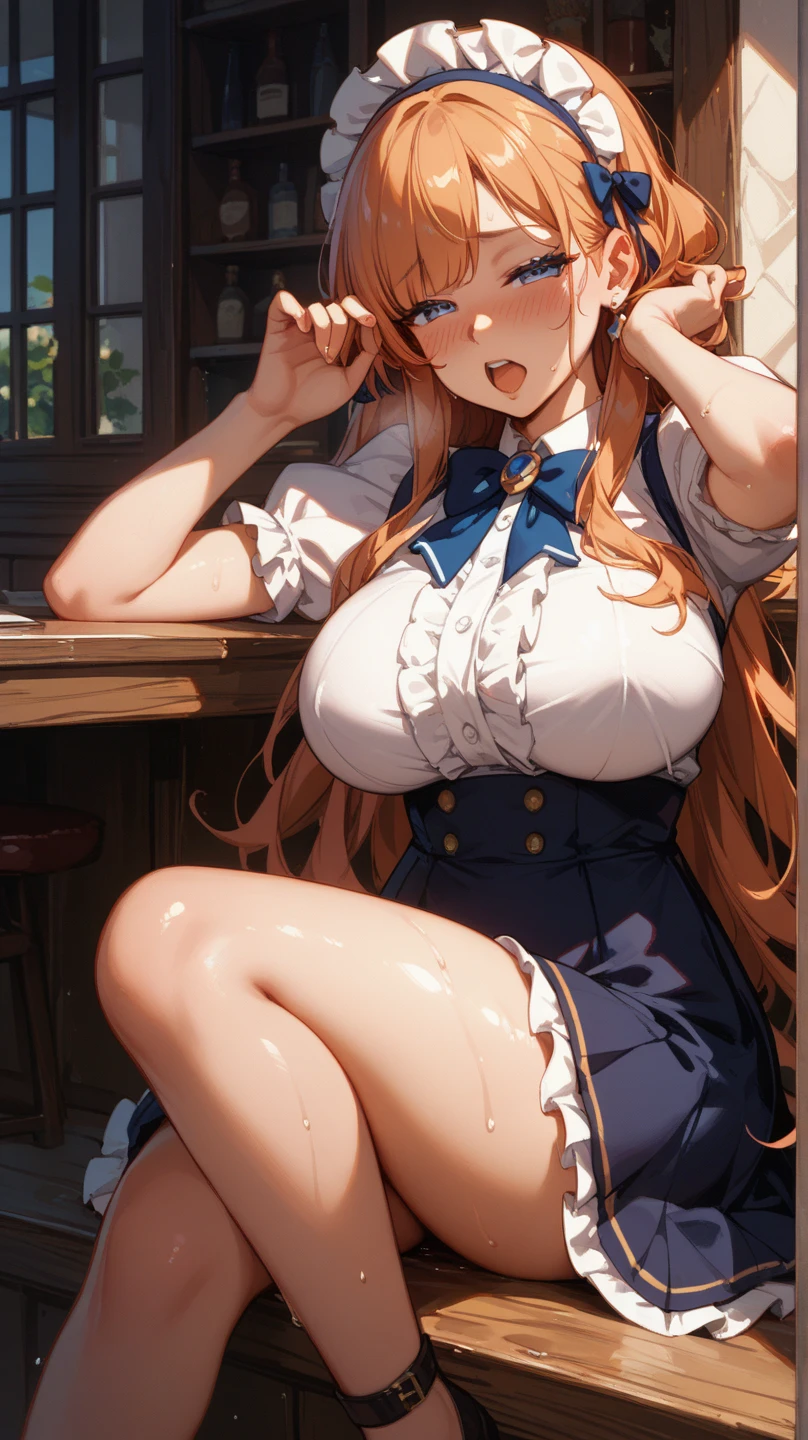 /You have a draw_generated curvy_Curvy Women_Figure Average cup size for women_Just huge_Look at the chest_in_Audience +maid solo_Female Solo_Focus Stability_diffusion waitress orange_Hair Green_She lifts up her skirt and shows off her beautiful legs in pantyhose and black panties.