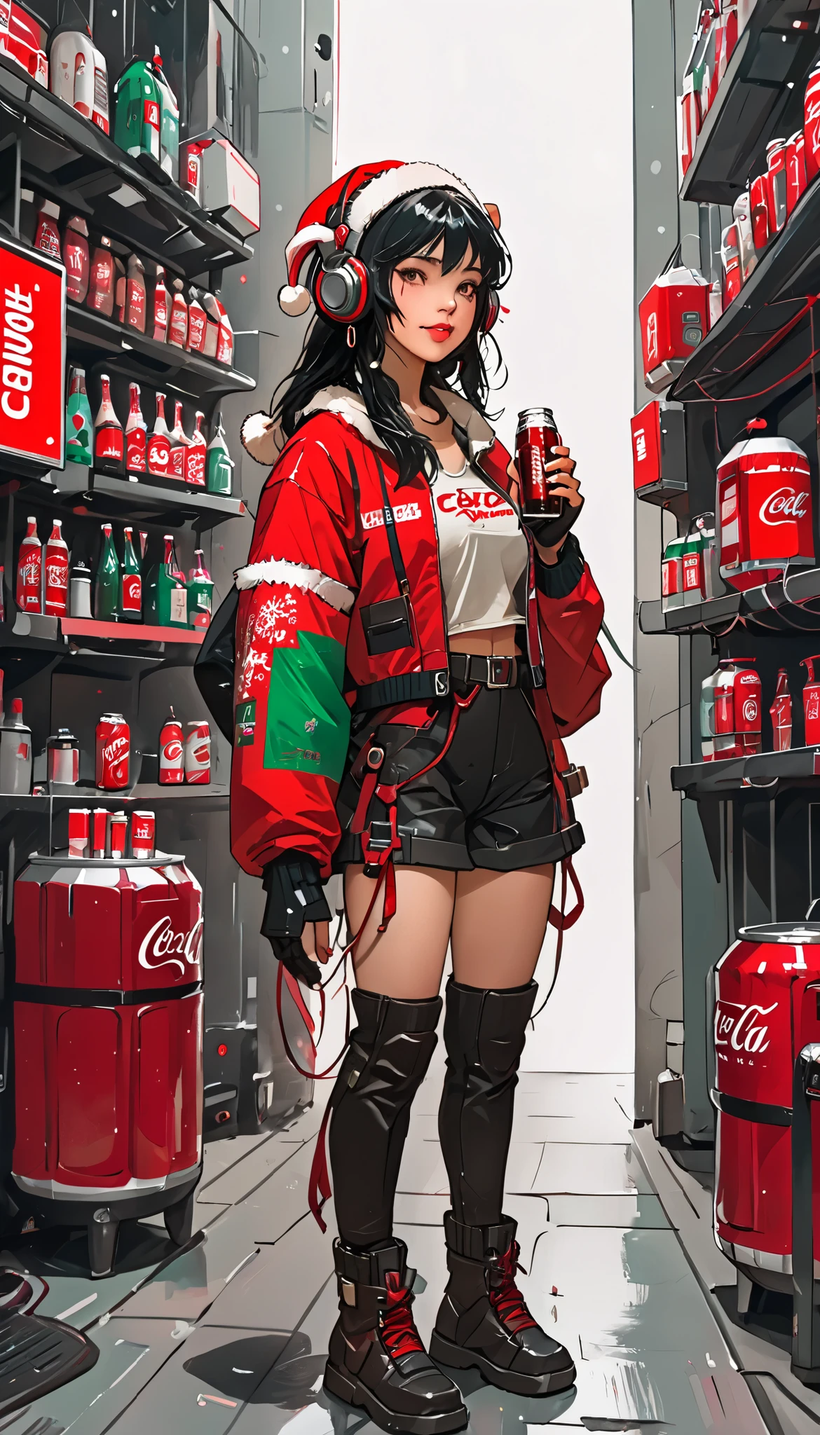 sketch、KAWABI SAI、 girl、 headphones、 looks up、 cyberpunk、 helmet 、 Santa cosplay 、 Christmas、Holding a Coca-Cola bottle