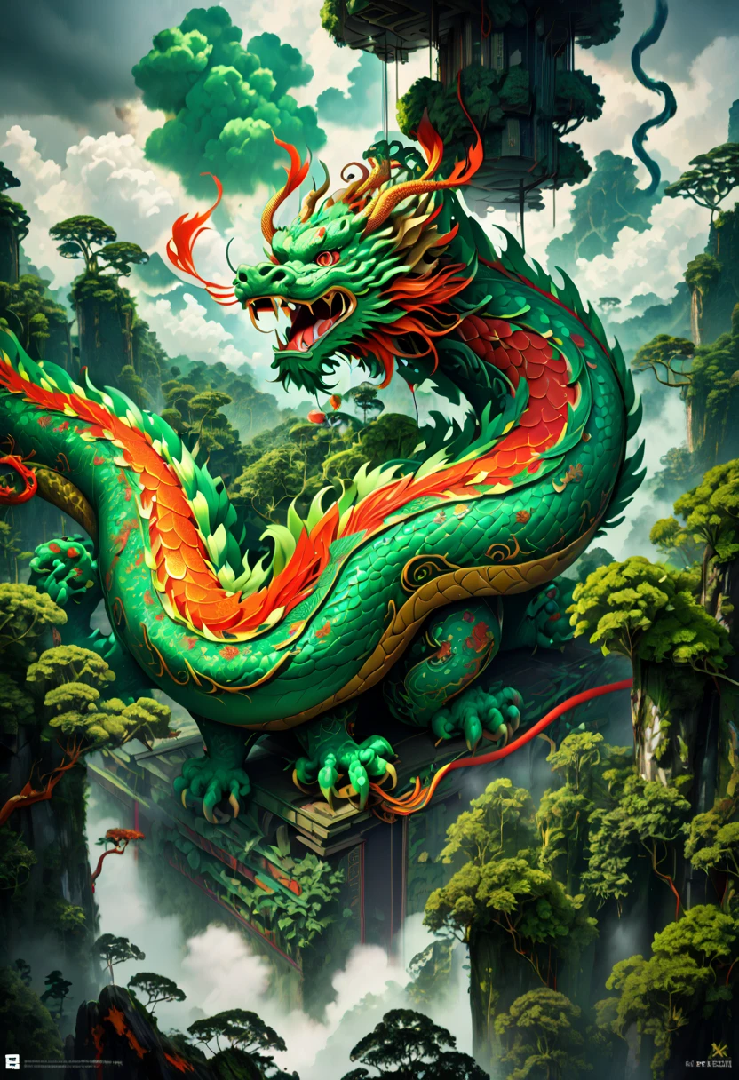 (The main subject: wide wide shot), The flame  green, [Multicolored,(Chinese dragon anthropomorphism)], safe,dramatic clouds,(Go deep into the rainforest), Rich details​, (Wide sky), (sense of vastness),Energy and vitality, Complicated details.(Best quality, A high resolution, tmasterpiece:1.2), (actual:1.37), HighDynamicRange。