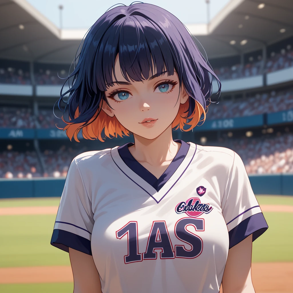 "Anime artwork in the style of Adachi Mitsuru. A young woman with short, dark, slightly layered bob hair is wearing a dark-colored simple shirt. Teenage baseball players in similarly light-colored uniforms, featuring a team logo that says 'MeiSei,' are partially overlaid in the mid-ground. One is pitching, and the other is catching. The girl is placed in the foreground, her gaze directed slightly away from the players. Soft line art, delicate coloring, expressive eyes, with a slightly nostalgic atmosphere. Focus on capturing the emotional nuance of a quiet moment."
