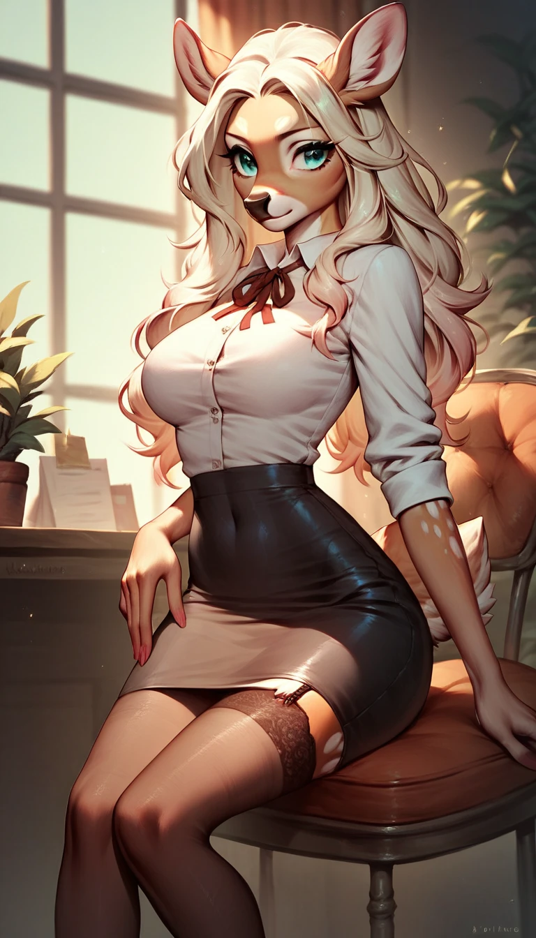 score_9, score_8_up, score_7_up, score_6_up, score_5_up, score_4_up, (One), female anthropomorphic deer, secretary clothes ,  tight skirt,  lustful,  fluffy body,  long blond hair,  turquoise eyes ,  garter tights,  sitting in a chair , 