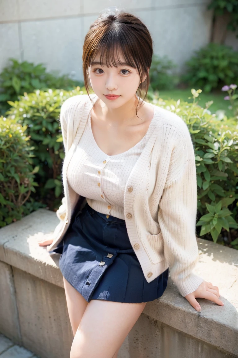 (( knitted cardigan , Beautiful cashmere 、 top quality 、masterpiece、 high res))、((( ZOOM PHOTO FROM ABOVE )))、20-year-old woman、 Beautiful skin, ( elegant round glasses :1.2)
, Thick-framed glasses 、 beautiful eyes、 clevis on a stone, ((  full body photo )),  beautiful thighs,, Big TitsBig Breasts, ( Big Rich Breasts ),  Long Skirts,  beautiful thighsを見せている
,  beautiful legs, garden， gentle expression 
，Kind Face
