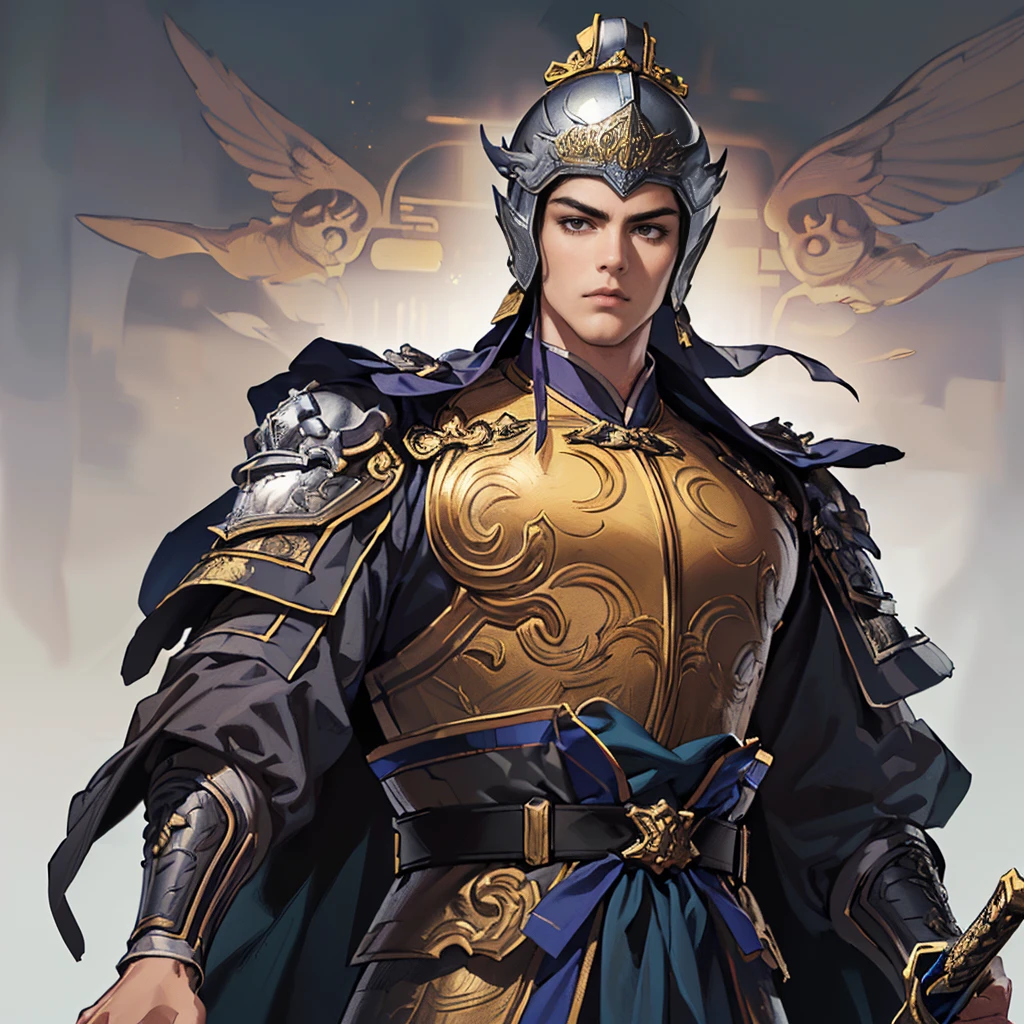 ( top quality ,4K,8k, high res,masterpiece:1.2),super detailed,(super fine illustration),((( A man in armor with a sword drawn in an anime-style illustration ))),20 years old,handsome man,Heroes of the Three Kingdoms:1.3, confident look ,((Long black hair and droopy bangs :1.3)), detailed eyes :1.2, perfect eyes,(( Attractive Dark Eyes )),( well-trained body),cinematic lighting, , soft shadows,(( Extremely engraved silver armor with extreme gold engraving leading to a detailed work of art :1.3, Deeply wearing an ancient Chinese silver helmet drawn in detail :1.3, A dark purple cloak with detailed gold embroidery drawn in detail:1.3,dynamic pause:1.3,A man with an ancient Chinese sword drawn in detail :1.3)),(( cowboy shot:1.2)),(( white background:1.3,simple background:1.2)),(( standing:1.3, depicted so that everything from the tip of the head to above the knee can't be seen :1.3))