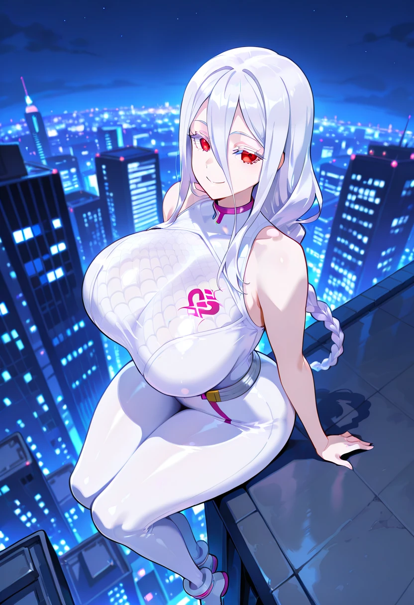 Masterpiece, source_anime, top-quality, perfect anatomically, correct anatomy, sharp focus, 4K,8K, anime girl, 2D,1girl, shiraori(so I'm a spider, so what?), pale skin girl, colored skin:2.0, white hair, white eyebrow, white eyelashes, single braid, long single braid, long bangs,bangs that extend beyond the face, very long bangs, bangs cover nose, red eyes, curvy body, very big breasts, huge breasts, huge breasts:2.0, breast bigger than head, thick breasts, thick hips, thick thighs, slim waist, hourglass figure, white bodysuit, white latex bodysuit, sleeveless bodysuit, legless bodysuit, pink lattern on bodysuit,pink lines patterns, nighttime, night atmosphere, sitting on roof,Sitting on the edge of the roof, dangling legs, swinging feet, high angle view of the city, city is below, looking at viewer, happy face, happy smile, side view, close up, hands on roof