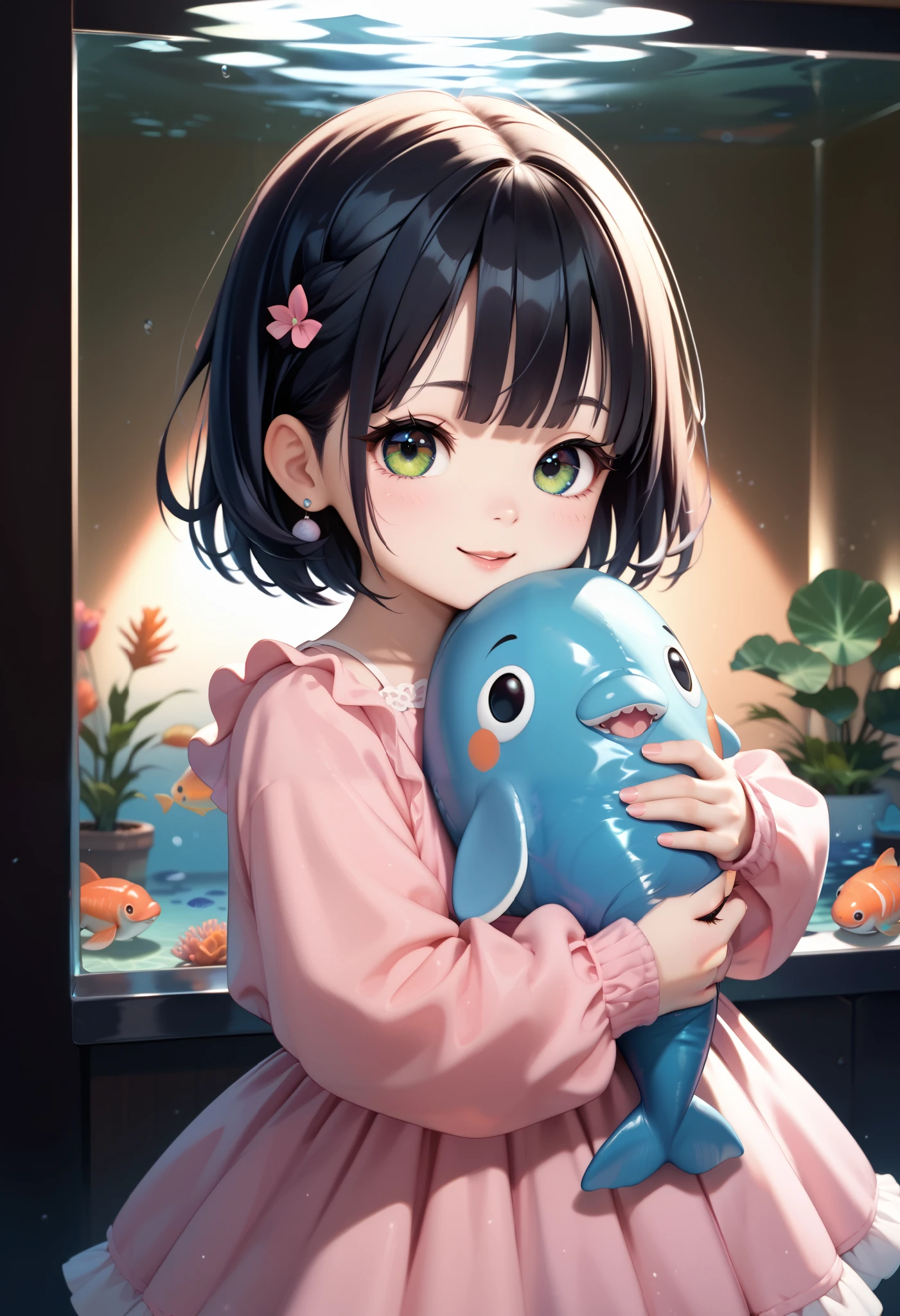 Light color, Ingenious depiction of light , 超 high res, Attention to Details , High Quality , high res, 最 High Quality , 4K, 8k, hugging a cute stuffed dolphin, anatomically correct fingers, pink dress, cute face, black hair shortcut , Aquarium fish tank , Plenty of fish
