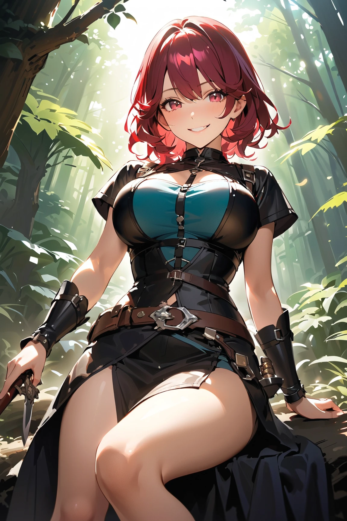 (watercolor: 1.2), warrior, bangs, redhead, short hair, green eyes, hair between eyes, blurred background, high resolution, large breasts, full body, fantasy, medieval --auto --s2