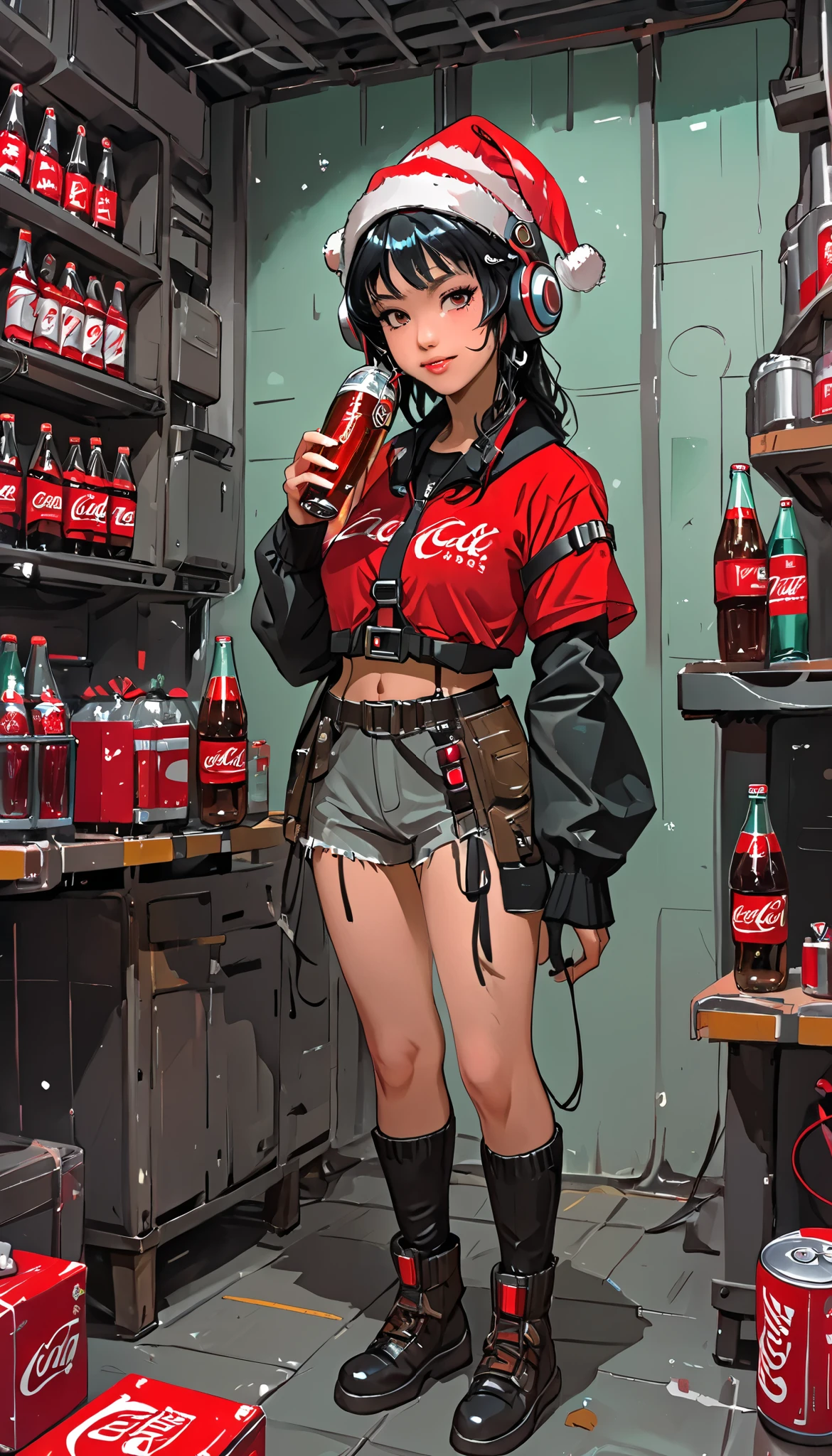 sketch、KAWABI SAI、 upper body、 girl、 headphones、 looks up、 cyberpunk、 helmet 、 Santa cosplay 、 Christmas、Holding a Coca-Cola bottle