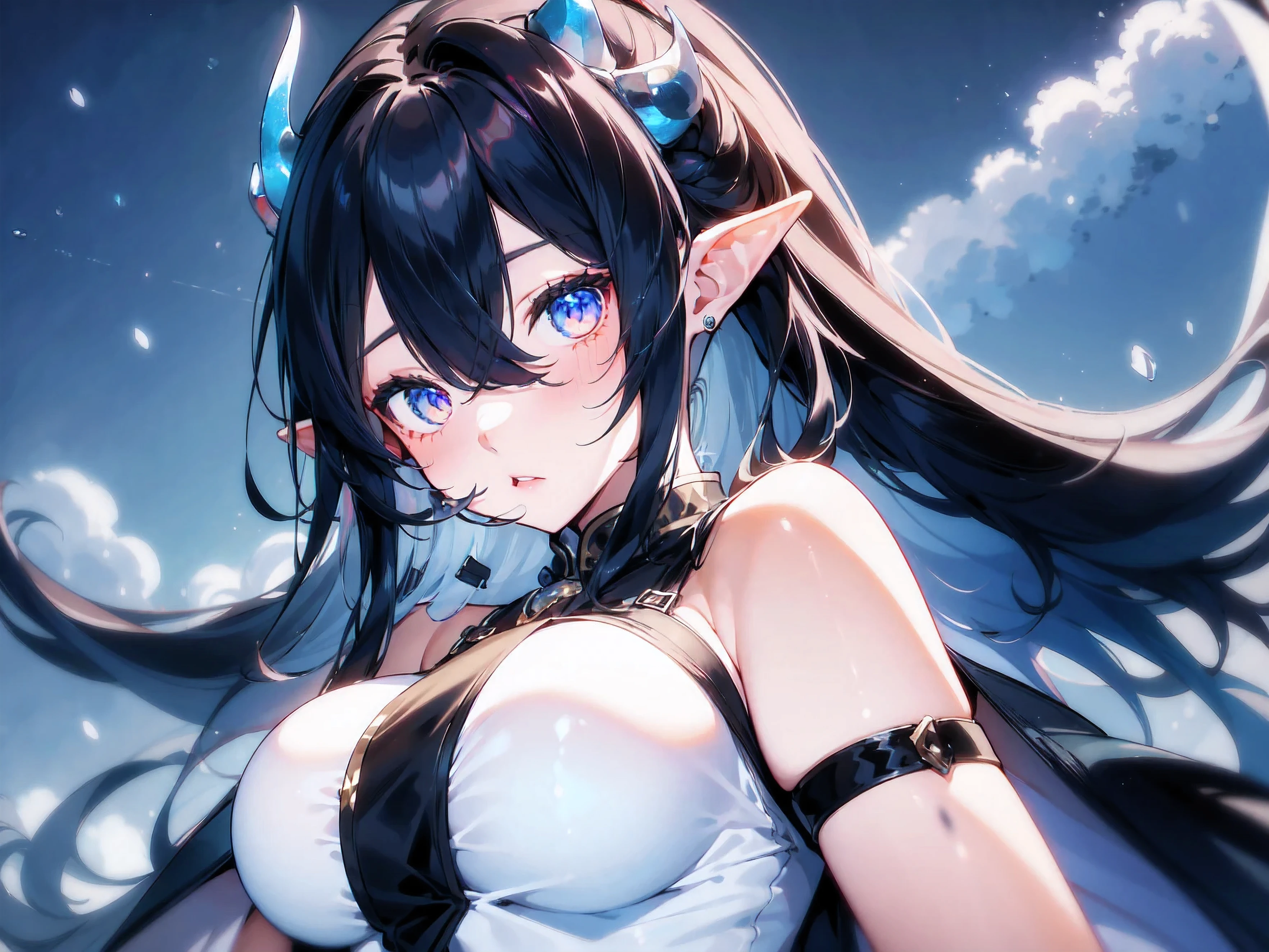 (best quality, highres, masterpiece : 1.4), (arknight), (flatten art : 0.8), masterpiece, (best quality), dark environment, 1woman, anime, long hair, white hair, straight hair, horns, pale skin, dark eyes, long pointy ears, tall, white ao dai, medium sized breast, cold face, (detailed face), (intricate hand),(detailed hand), solo, lake, mystical atmosphere, night, snow, winter, close-up
