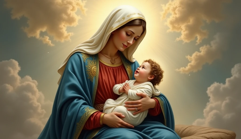 A realistic depiction of Mary holding Baby Jesus in her arms, seated on a celestial background. Mary is wearing a blue cloak with golden accents, a red tunic, and a white veil covering her head, lovingly cradling Baby Jesus wrapped in a white blanket. The background features soft clouds and golden rays of light descending from the heavens, creating a divine and serene atmosphere. The style is realistic with emphasis on soft tones and delicate details, portraying a sacred scene with reverence and beauty.