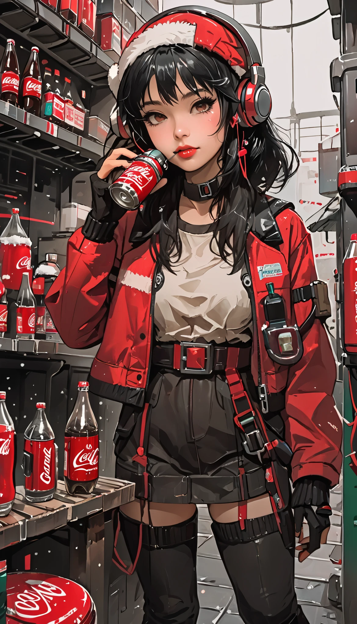 from the front、 Zoom Up 、sketch、KAWABI SAI、 upper body、 girl、 headphones、 looks up、 cyberpunk、 helmet 、 Santa cosplay 、 Christmas、Holding a Coca-Cola bottle