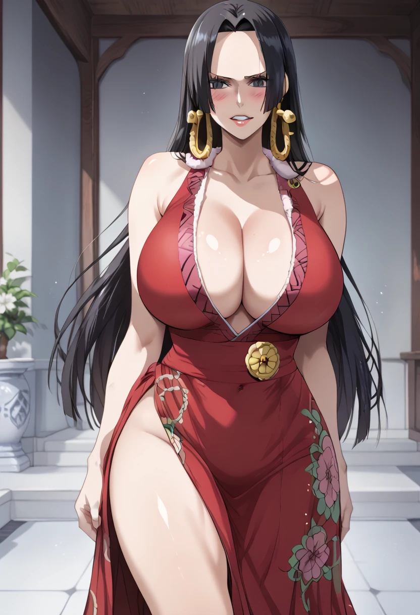      detailed face     ,     detailed body rende ring    ,   Alone、  masterpiece ,      High Quality     , 8k,   ,    teeth ,     thigh thickness  ,  glowing skin,SKINNING     , 最     High Quality     ,      High Quality    ,       is very sophisticated  , (huge breasts:1.2), black hair, standing, cross your arms a little,blush,Glare,  1 girl、 black hair、 earrings for women with first name、 long hair、 dark eyes, frowns,Scary face,((cowboyshot)), long legs , blunt bangs、 One girl 、solo、 mature、 earrings for women with first name、 jewelry、 long hair,((long skirt)),とても long hair, parted bangs,((super deep slit skirt)), cleavage, Midriff Peak,Exposed thighs, b0ahanc、 1 girl、 black hair、 earrings for women with first name、 long hair、 dark eyes, Boa Hancock ,((red dress))