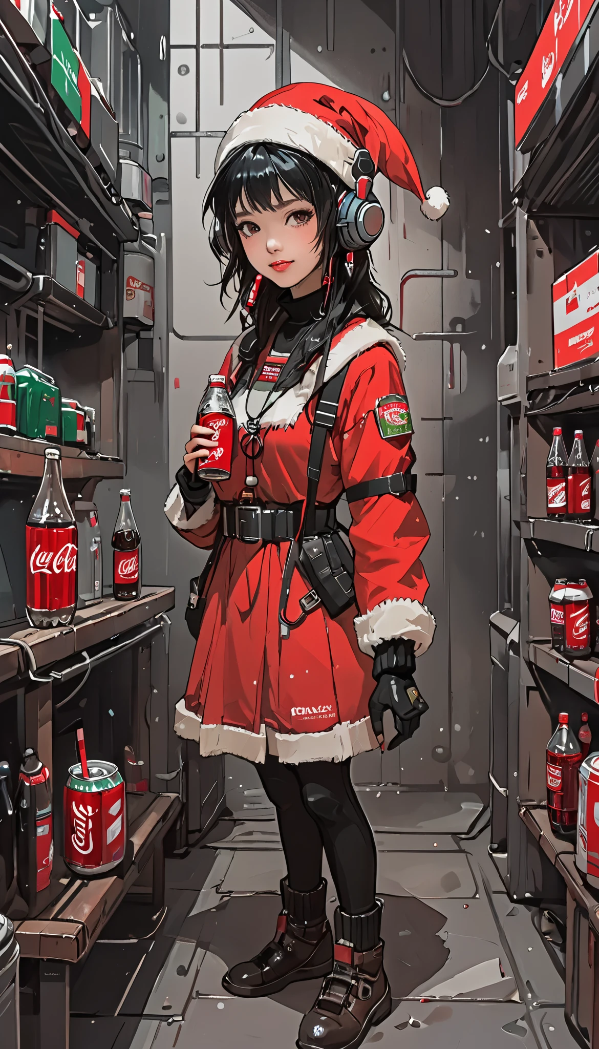 from the front、 Zoom Up 、sketch、KAWABI SAI、 upper body、 girl、 headphones、 looks up、 cyberpunk、 helmet 、 Santa cosplay 、 Christmas、Holding a Coca-Cola bottle