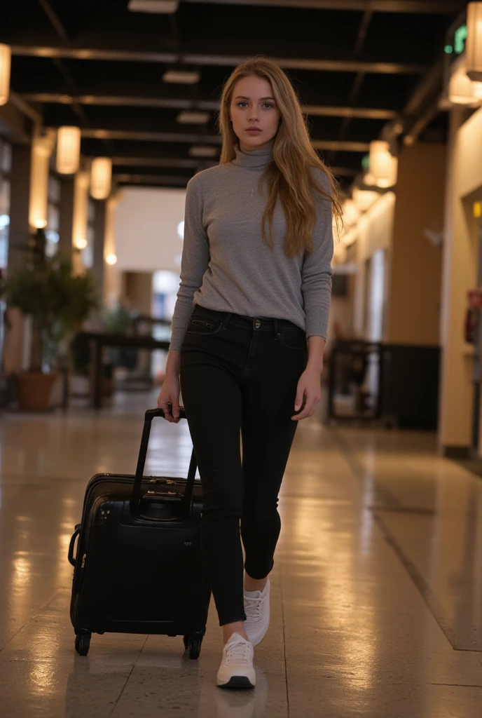 Full-body shot of a 30-year-old slim woman with long blond hair and gray-blue eyes, wearing a grey turtleneck paired with slim black jeans and white sneakers. She’s pulling a small suitcase and walking through a quiet terminal at night, with warm overhead lights illuminating her path and reflections on the polished floor. Real photography.