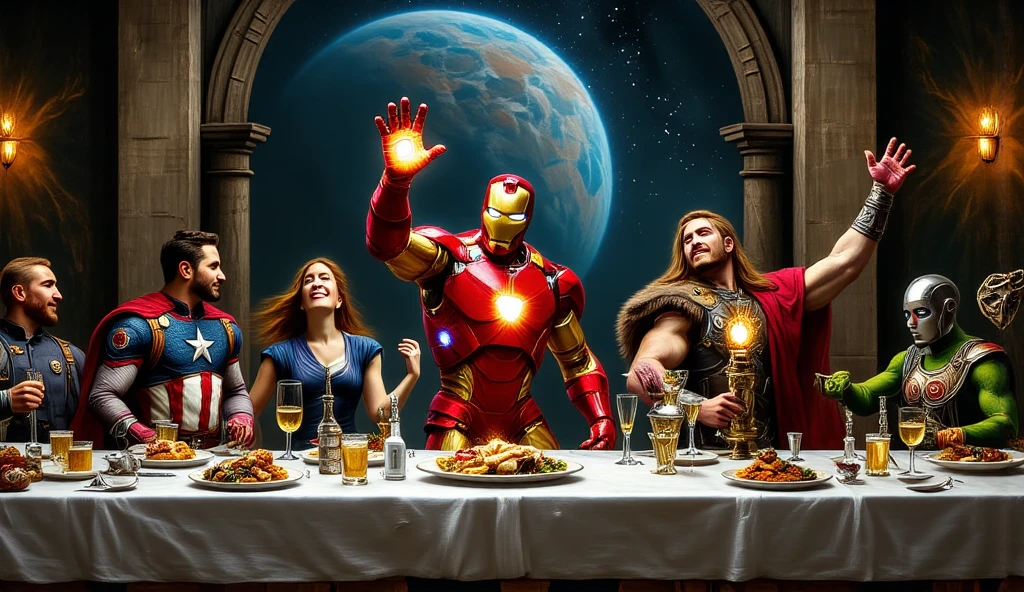 A modern reinterpretation of a classic wedding feast painting, reimagined as a Marvel-themed banquet featuring iconic Avengers and villains. At the center of the long table, Iron Man, in his suit but without the helmet, raises a glass, symbolizing the host of the event. To his left, Captain America holds his shield resting on the table, while Thor, wielding Mjolnir, leans in, laughing. On his right, Black Widow sits elegantly, observing the scene, and Spider-Man dangles from above, grabbing a plate of food. And many others are playing music, dancing, and participating in this feast.

Across the table, Loki smirks mischievously, gesturing toward Thanos, who sits at the far end, holding the Infinity Gauntlet on the table like a centerpiece. Ultron, in a sleek metallic form, gestures as if making a toast, while Green Goblin clutches his pumpkin bomb, eyeing Spider-Man. The table is lavishly decorated with futuristic dishes, glowing drinks, and gadgets resembling arc reactors and infinity stones.

The background is a grand hall with towering futuristic columns and glowing, holographic windows displaying views of intergalactic space. The composition blends Renaissance-style elegance with Marvel's high-tech, action-packed aesthetic. The lighting highlights the characters' distinctive costumes and personalities, creating a vibrant, UHD scene full of life and drama, and with many persons.