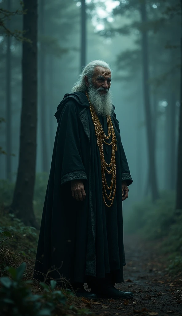 The old man suddenly reappears at the edge of the clearing, standing tall and motionless. His expression is calm yet unsettling, with a faint smile playing on his lips. His gold chains and rings seem to glow faintly in the dim light. The forest behind him appears darker, the trees casting long, jagged shadows toward Ballu. The atmosphere is filled with an eerie silence, broken only by the faint hum that grows louder. Ultra HDR, 3D intricate details, realistic lighting, Dramatic Lighting, Enhanced Clarity, Brilliant Highlights, Hyperrealistic Detailing, cinematic."