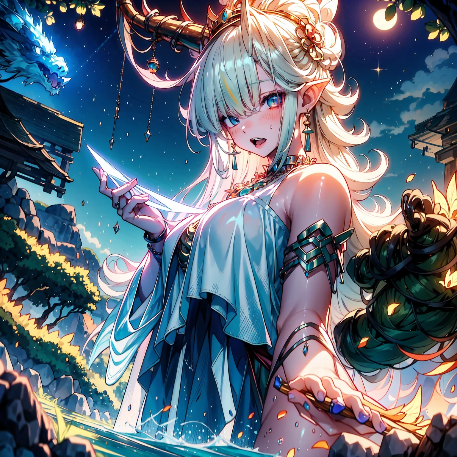 (masterpiece, best quality:1.2), 1girl, solo, cute, kawaii, digital art, magic circle, platinum blonde hair, finely detailed eyes, embarrassed expression, sweat, frilly dress, pink color scheme, high heels, white gloves, heart-shaped necklace, tiara, wielding a wand, dragon, forest, fire breath, wings, scales, sharp claws, spiky tail, trees, moss, moonlight filtering through leaves, fallen leaves, bushes, rocks, river, bridge, night clouds, starry sky, windy, leaves rustling,