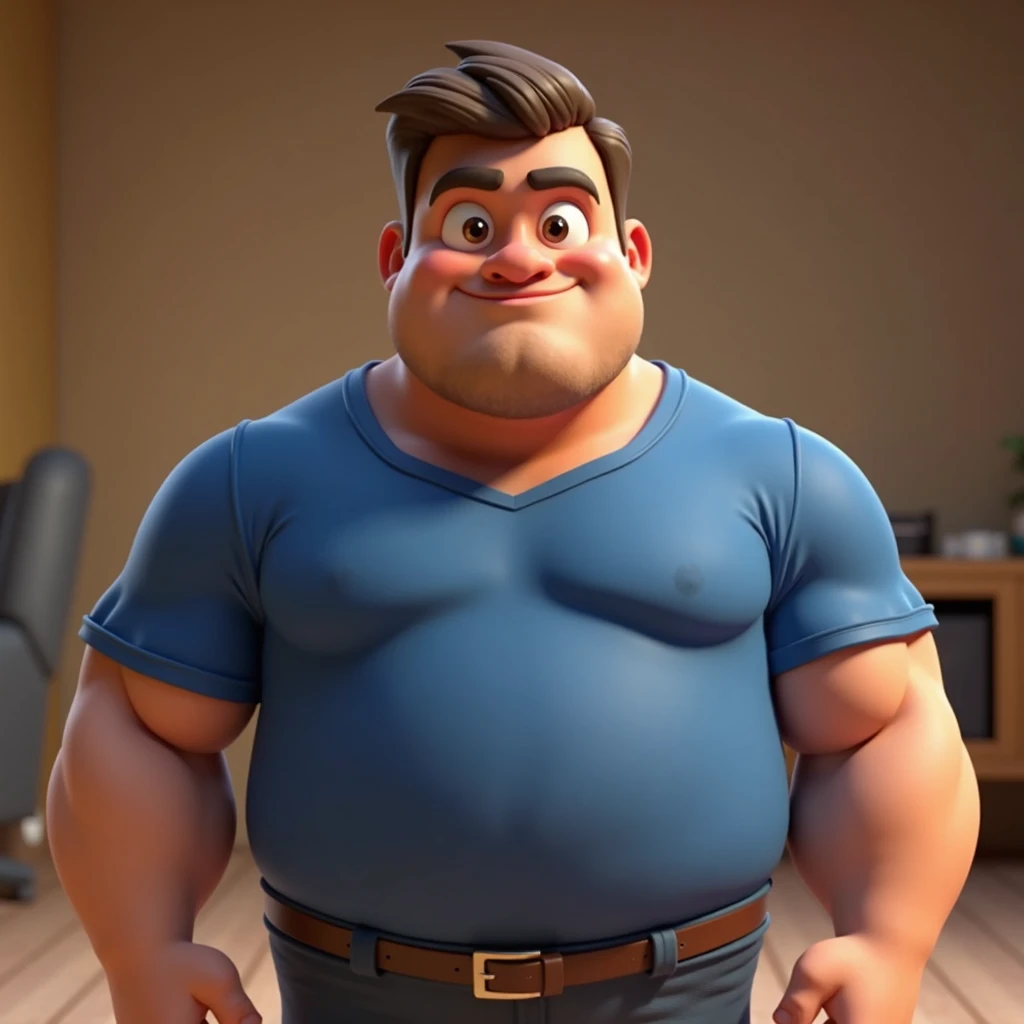 3d image realistic of young man, atractive, fat, with brown eyes and black hair, in the background a room