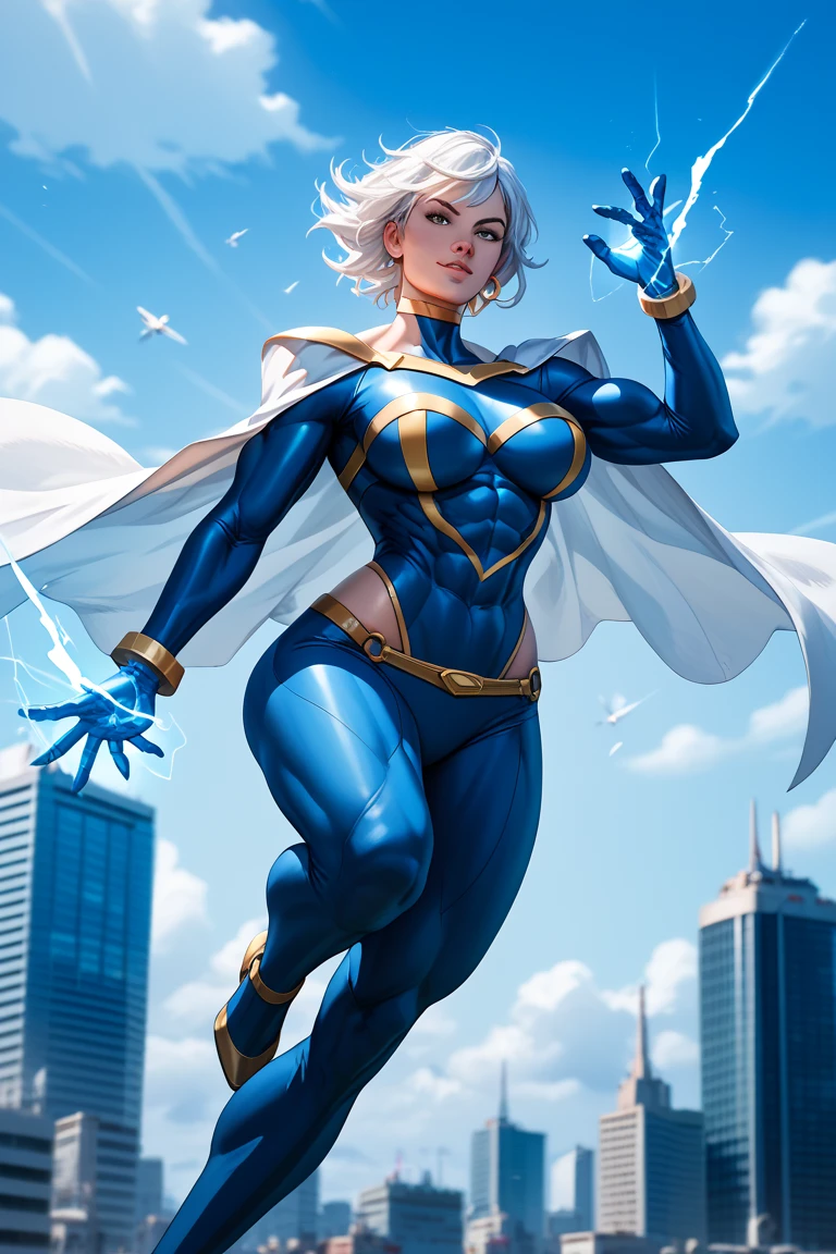 1 fille, superheroine,electric superpowers,flying over the city,electric hands,white cape,huge tits,thick thigts,strong and detailled abs,confident,white eues,white hair,big ass