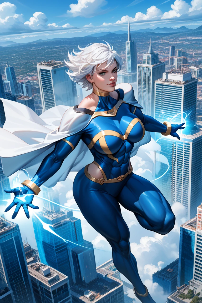 1 fille, superheroine,electric superpowers,flying over the city,electric hands,white cape,huge tits,thick thigts,strong and detailled abs,confident,white eues,white hair,big ass