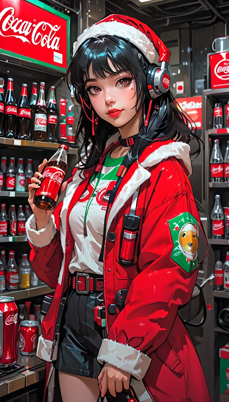 from the front、 super zoom up on her face 、sketch、KAWABI SAI、 girl、 headphones、 cyberpunk、 Santa cosplay 、 Christmas、Holding a Coca-Cola bottle