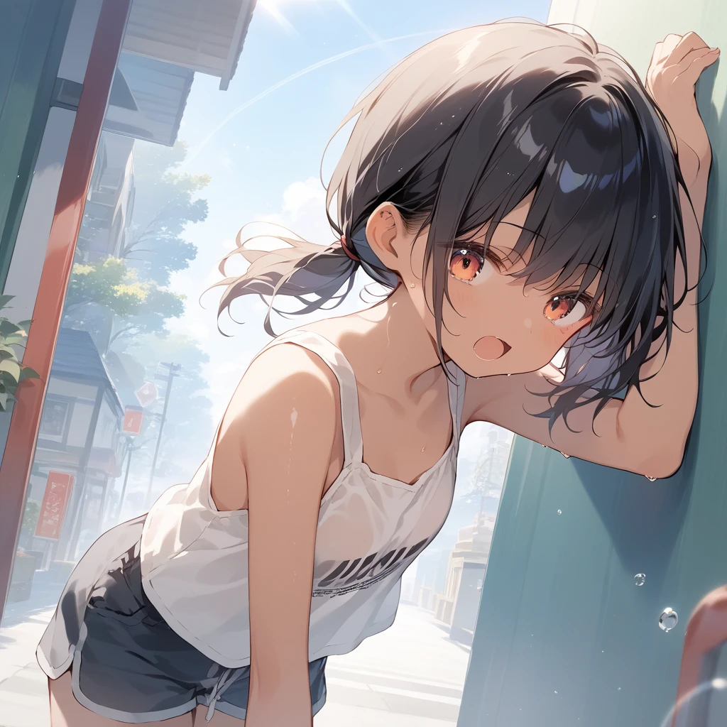 score_9, score_8_up, score_7_up, source_anime, best quality, masterpiece, official art, absurdres, highres, ultra-detailed,waifu2x,Collection: Slice of Life,break,1girl, tomboy, dark-skinned female, short hair, low ponytail, flat chest, beautiful detailed eyes, short shorts, sweat, open mouth, (yawn:0.3), sleepily, outdoors, wind,break,(clear line illustration:1.2), super detailed skin,very high resolution, very aesthetic, Best sexual lighting powered by famous artist, 8k,cute picture,beauty illustration,photoshop_(medium),,(Detailed Lighting),best anime 8k konachan wallpaper, pixiv contest winner,