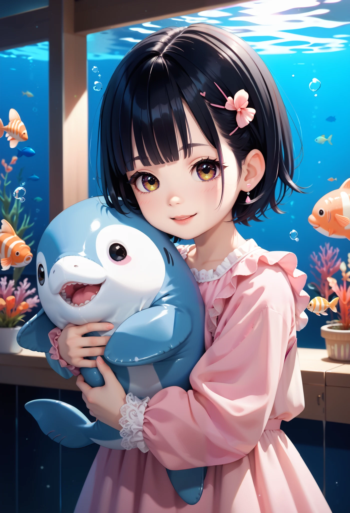 Light color, Delicate Light, 超 high res, Attention to Details , High Quality , high res, 最 High Quality , 4K, 8k, hugging a cute stuffed dolphin, anatomically correct fingers, pink dress, cute face, black hair shortcut , Aquarium fish tank , Plenty of fish