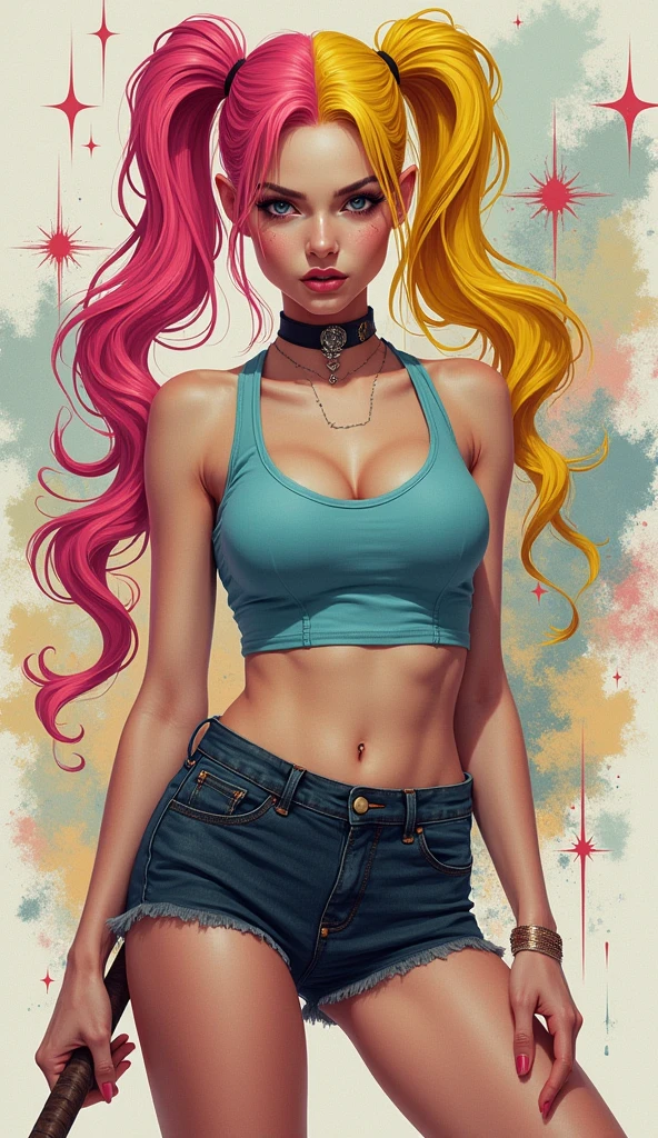 the proportions and detailed textures  multicolored brushwork and softened with airbrush, semi-realism ink china illustration featuring young girl (in high quality of full body) character with a striking appearance, with an innocent looking, perfect face, thick thighs, wide hips, slim waist and flat stomach she has a fair complexion and Her multicolored hair is tied in two high ponytails, with two colors, pink on one side and yellow on the other. Her facial features are sharp and expressive, with bold makeup accentuating her eyes and lips. She is dressed in a fitted cotton crop top with a high neck and tight thin fabric  shorts, Her clothes with smoothing and folds give volume and depth to the character. The background is an explosion of colorful, abstract elements, including swirling patterns, stars, and various shapes, creating a dynamic and energetic atmosphere. The character holds a bat in one hand, adding to her fierce and confident demeanor. The overall composition is rich in detail and color, showcasing a blend of fantasy and modern aesthetics. the draws attention to the subject and gives depth to the illustration.  very balanced saturation in the color palettes very defined (Color with monochorome intense shaded tones and shine. tone red 25% + yellow 25% + blue 25% + biofluorescent 12.5% transparencias 12.5%. aesthetic fusion by (Fibonacci ratio. female young hailey quinn character type. texture latex and thin fabric  (with top and short) style. a poupée réaliste of a young hailey quinn. Haute couture photoshoot (full body hailey quinn pin-up pose). Sharp Highly Detailed Soft Focus, Approaching Perfection, Full HD 8K. High and Low Angles. of Milo Manara, studio ghibli, Coco Chanel, Gianni Versace, H. R. Giger, Greg Rutkowsk art style fusion.


