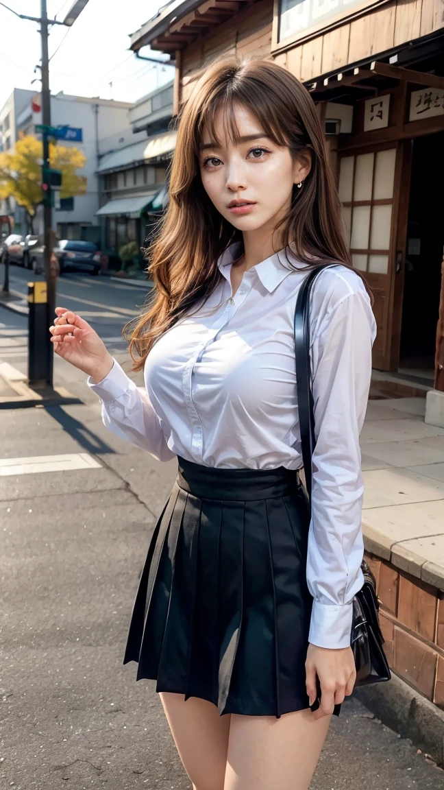 a beautiful 18 year old Japanese high school girl with perfect anatomy, healthy thighs, beautiful legs, beautiful skin, random hair color and style, large breasts, (wearing a Japanese schoolgirl uniform:1.3), (she is standing:1.2), penny loafers, holding a student bag, full body shot, standing on a city street, (best quality,4k,8k,highres,masterpiece:1.3),(extremely detailed:1.2), photorealistic, ultra-detailed, vivid colors, studio lighting, professional, Minami Tanaka